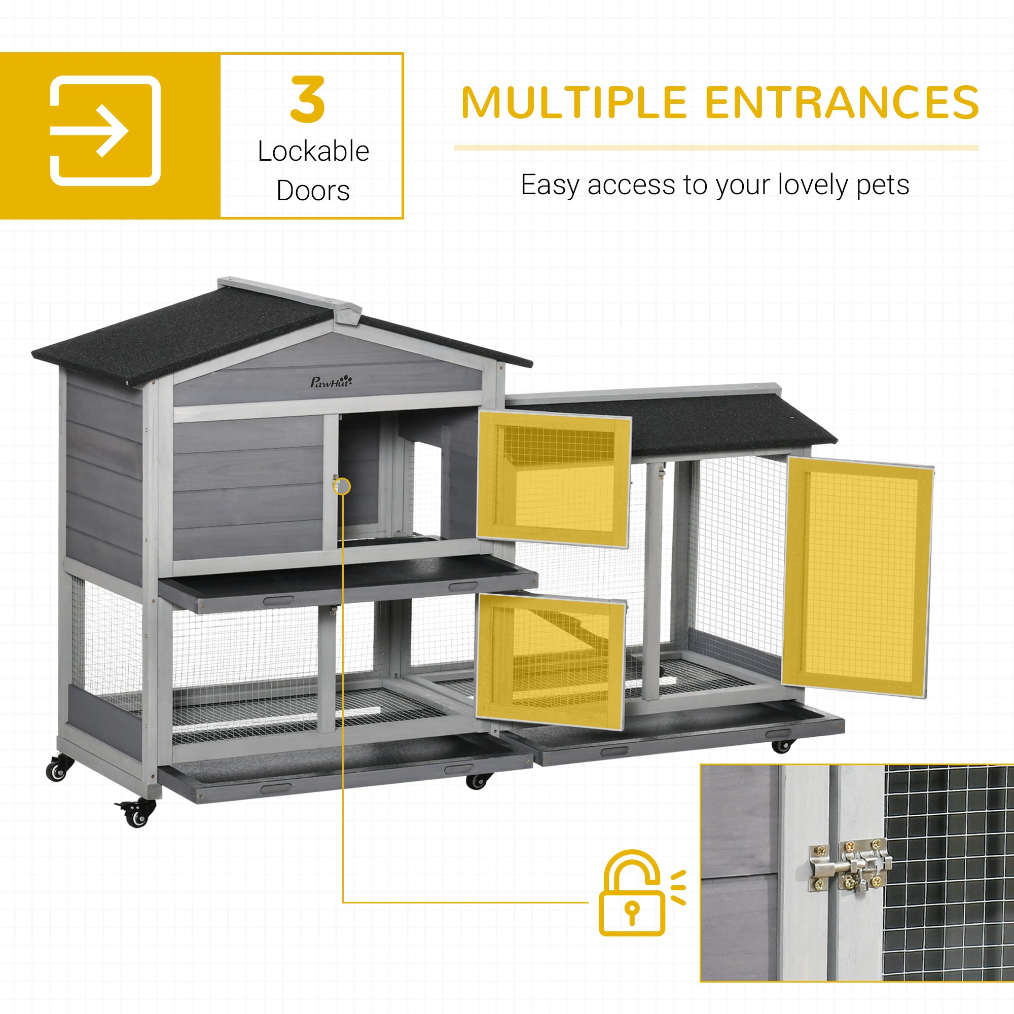 62" Wooden Mobile Rabbit Hutch with Wheels, Run Box, Slide-out Tray, Ramp - Light Grey - Image 8