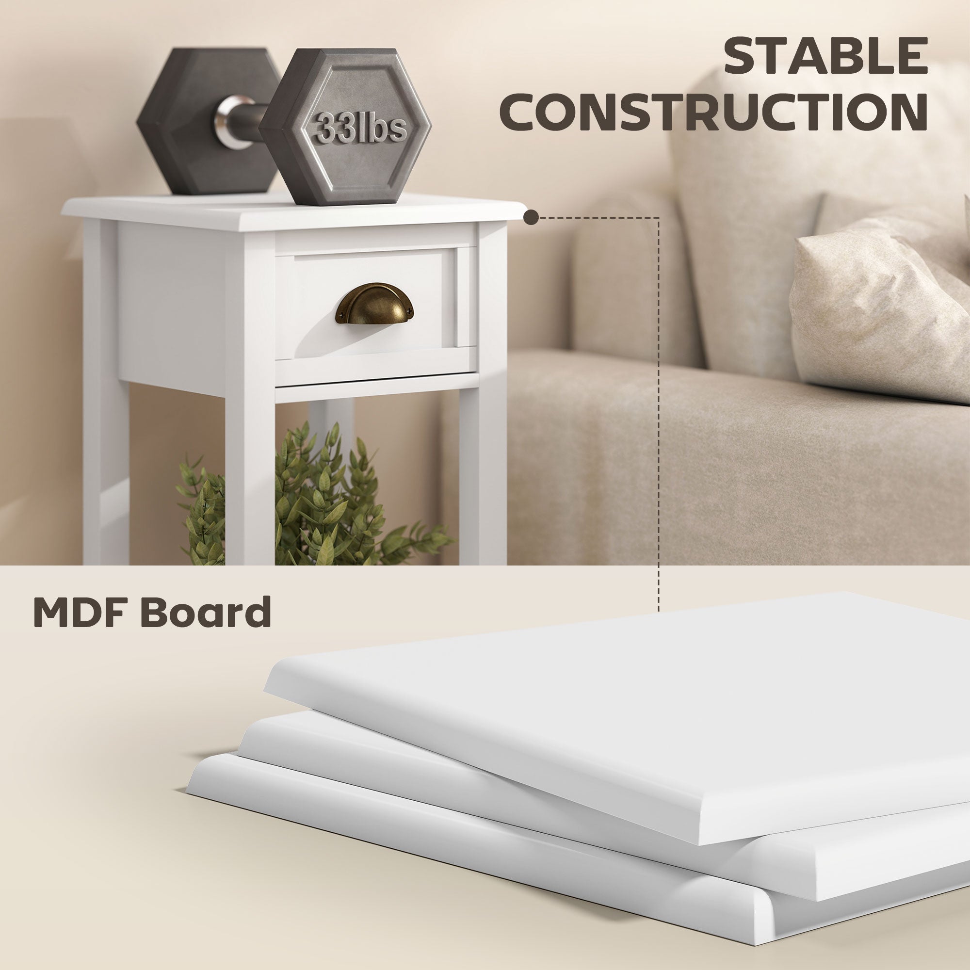 2-Tier Side Table with Drawer and Shelf, End Table for Living Room and Hallway, White