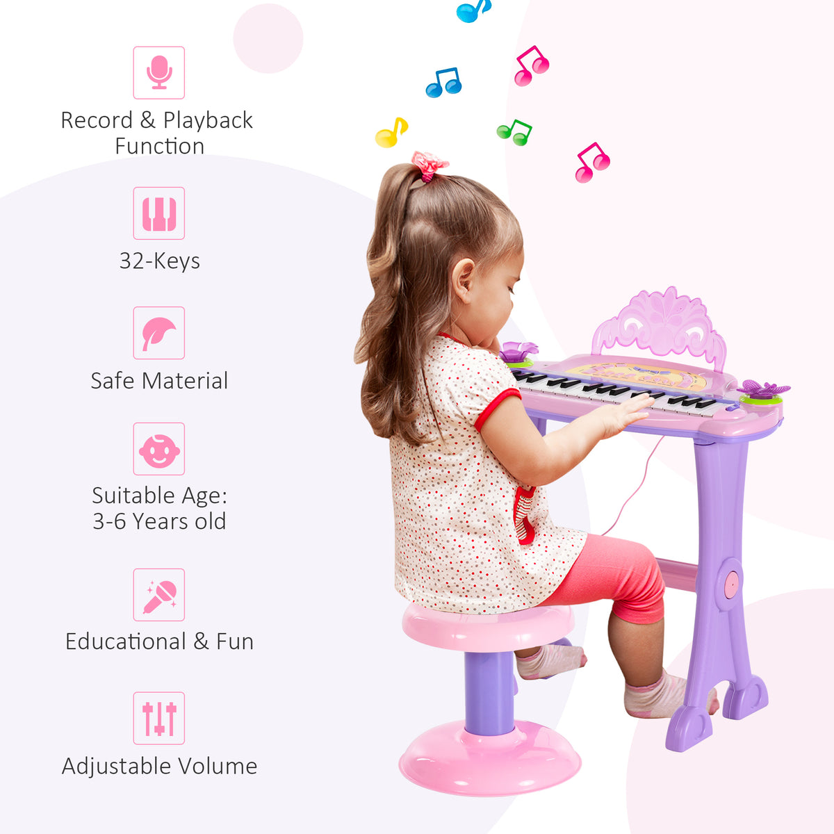 Qaba 32-Key Princess Electronic Toy Piano for Kids, Educational Keyboard Piano with Stool, MP3, Record, Flashing Lights, Microphone for 3-6 Years, Pink