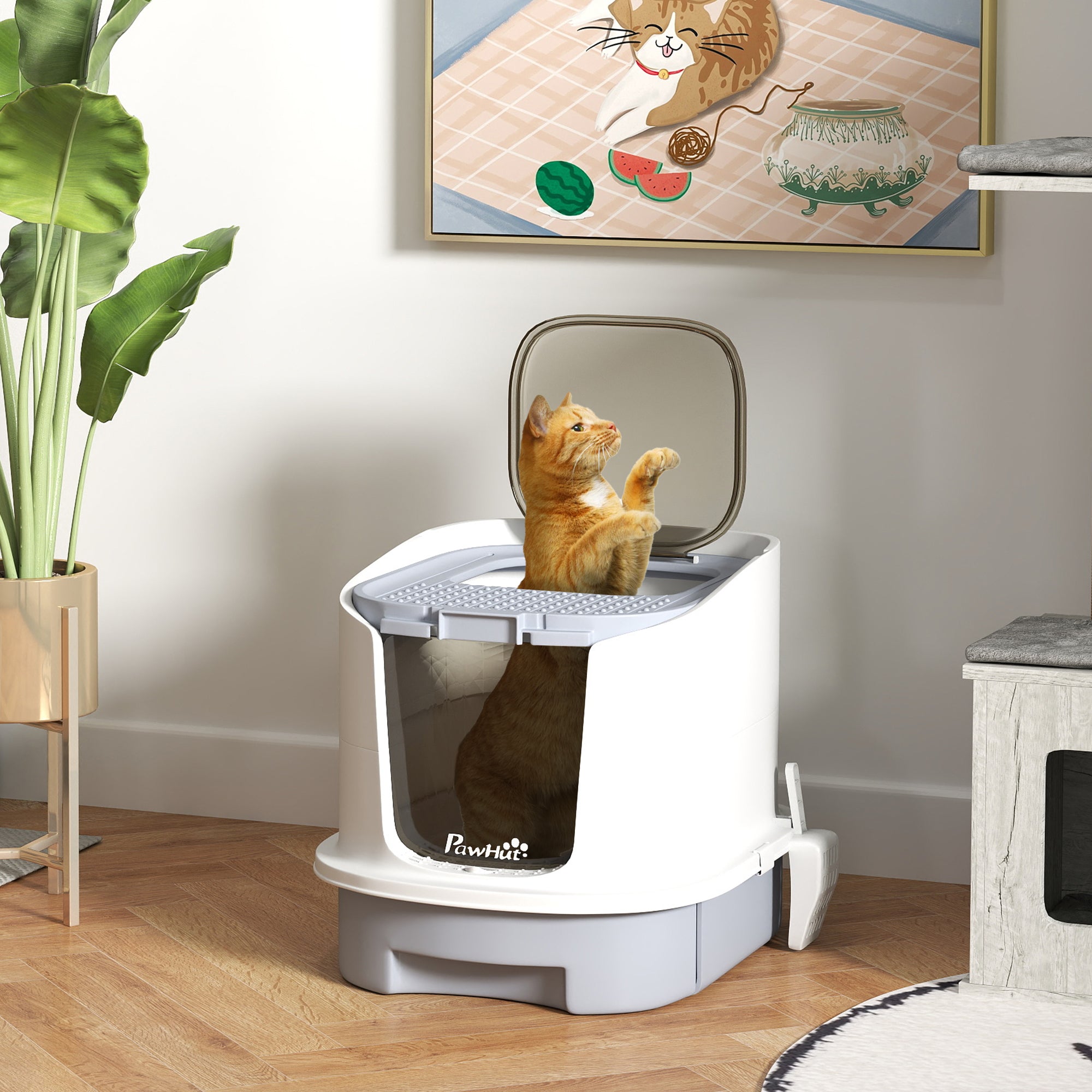Covered Cat Litter Box with Lid, Drawer, Scoop, Top Entry, Deodorizing Bags, Odor Control, Easy to Clean, Gray - Gray - Image 2