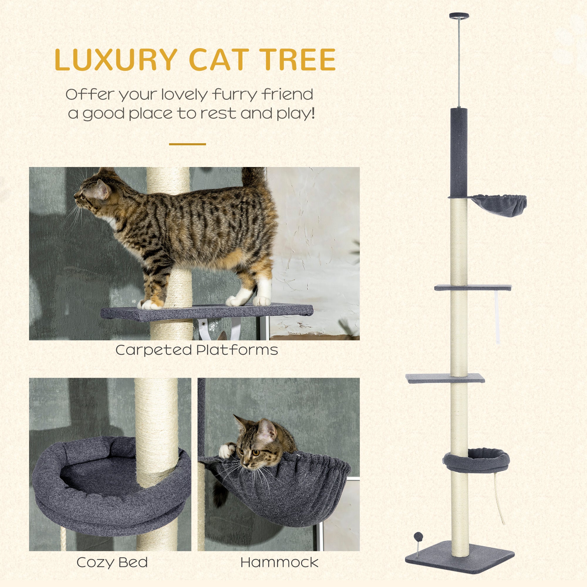 Floor To Ceiling Cat Tree, 5-Tier Cat Climbing Tower, 95''-106'' Height Adjustable with Carpeted Platforms, Cozy Bed, Hammock, Scratching Post & Toy Ball for Indoor Cats, Dark Gray and Cream - Black, Cream - Image 4