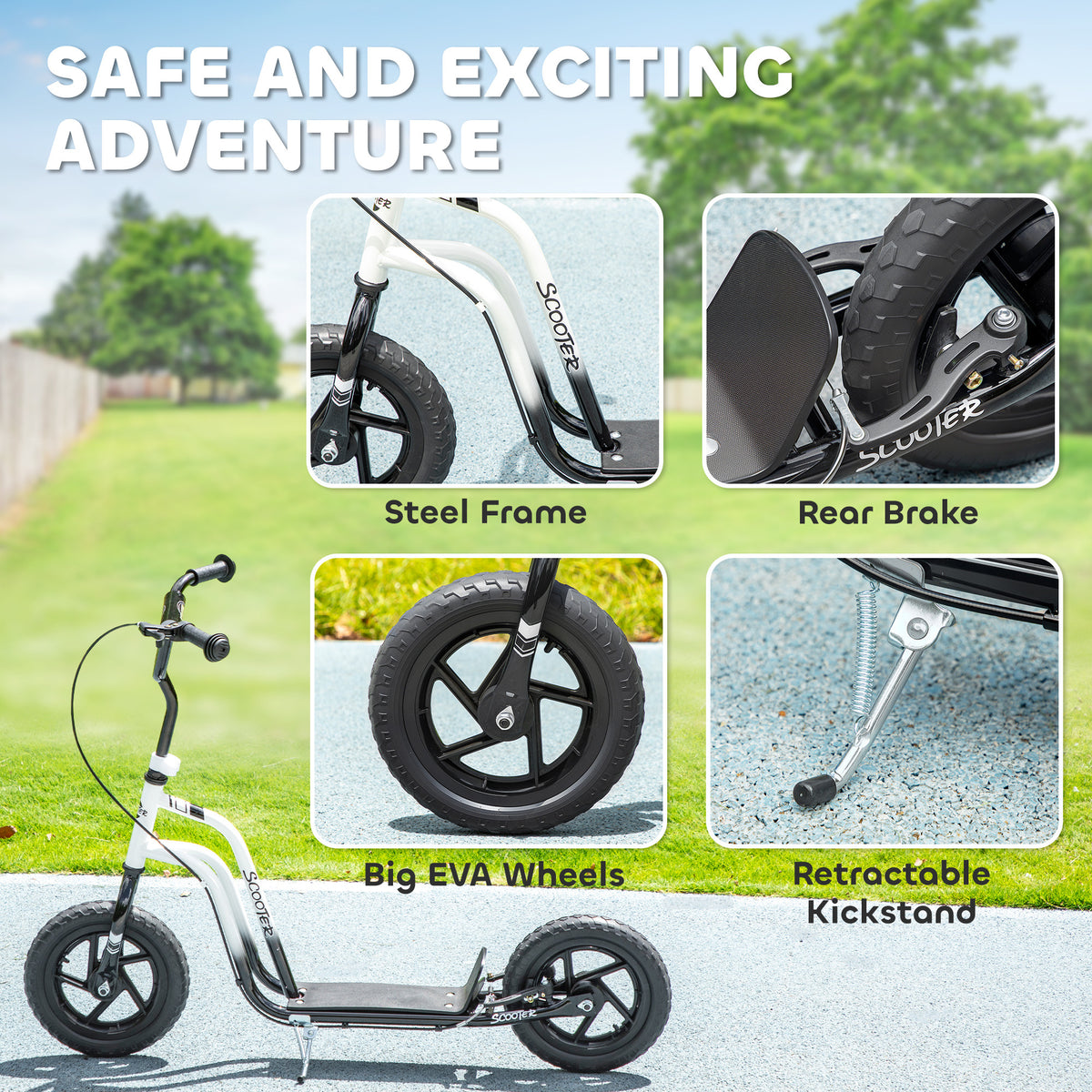 Kids Scooter, Lightweight Scooter with Adjustable Handlebar, Rear Brake, Kickstand, 12" EVA Wheels, for 5-12 Y, White
