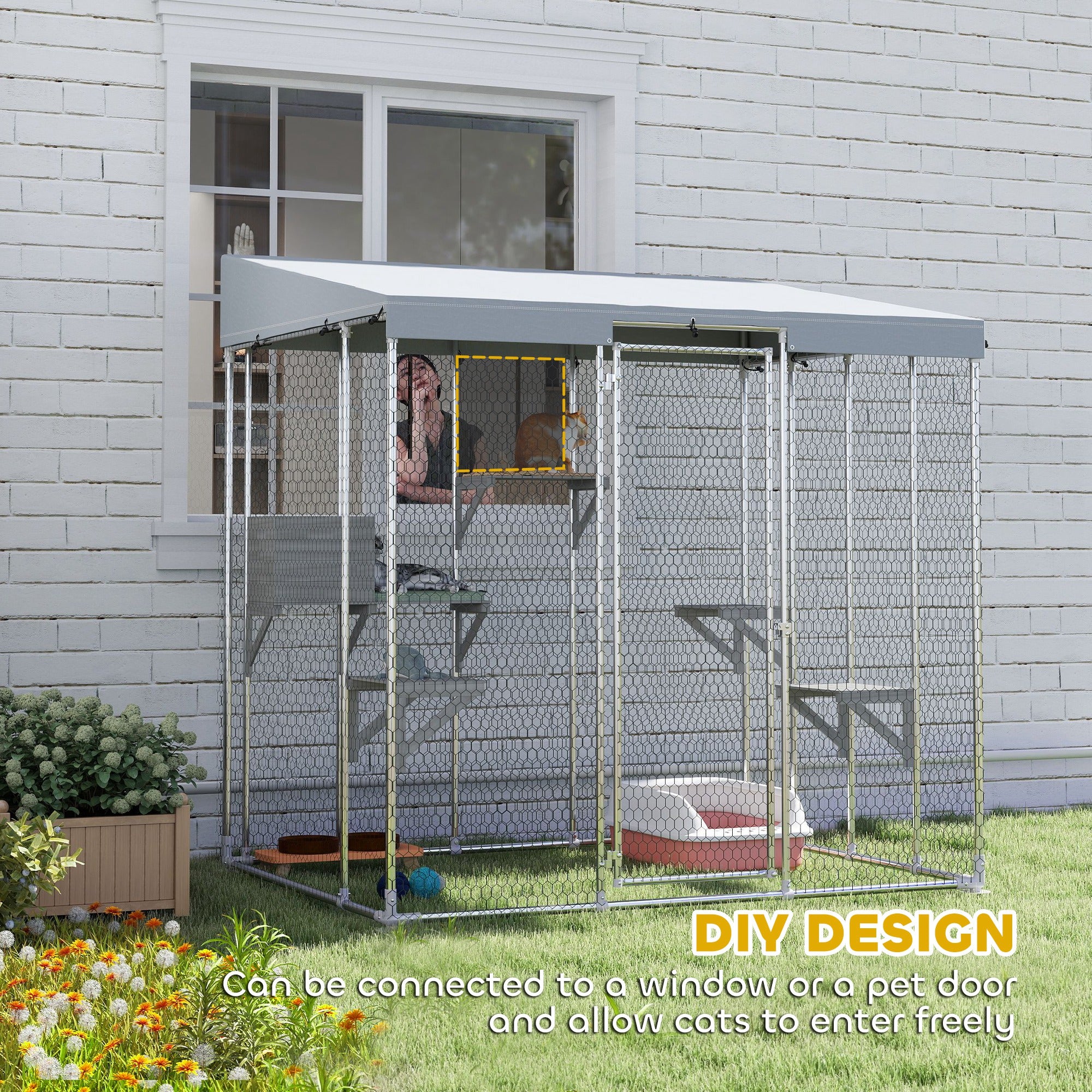 79" Galvanized Steel Large Catio with Waterproof Canopy, Sleeping Box, Jumping Platforms, for 1-3 Kittens, Silver - Silver - Image 6