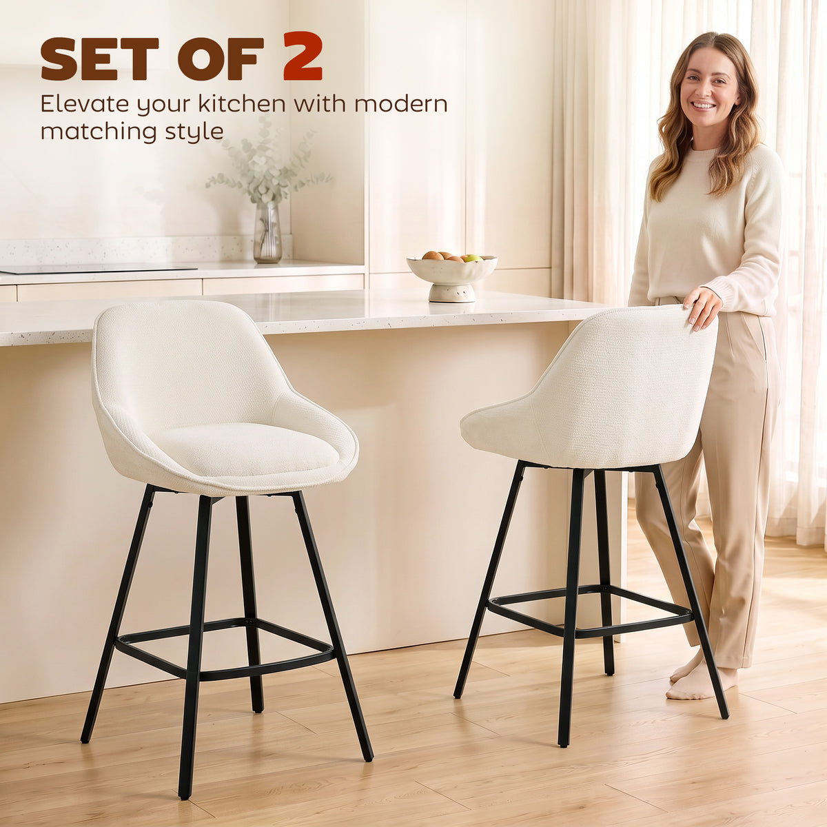Bar Stools Modern Chenille 360° Swivel Barstools Counter Height Backrest Footrest Set 2, Cream White