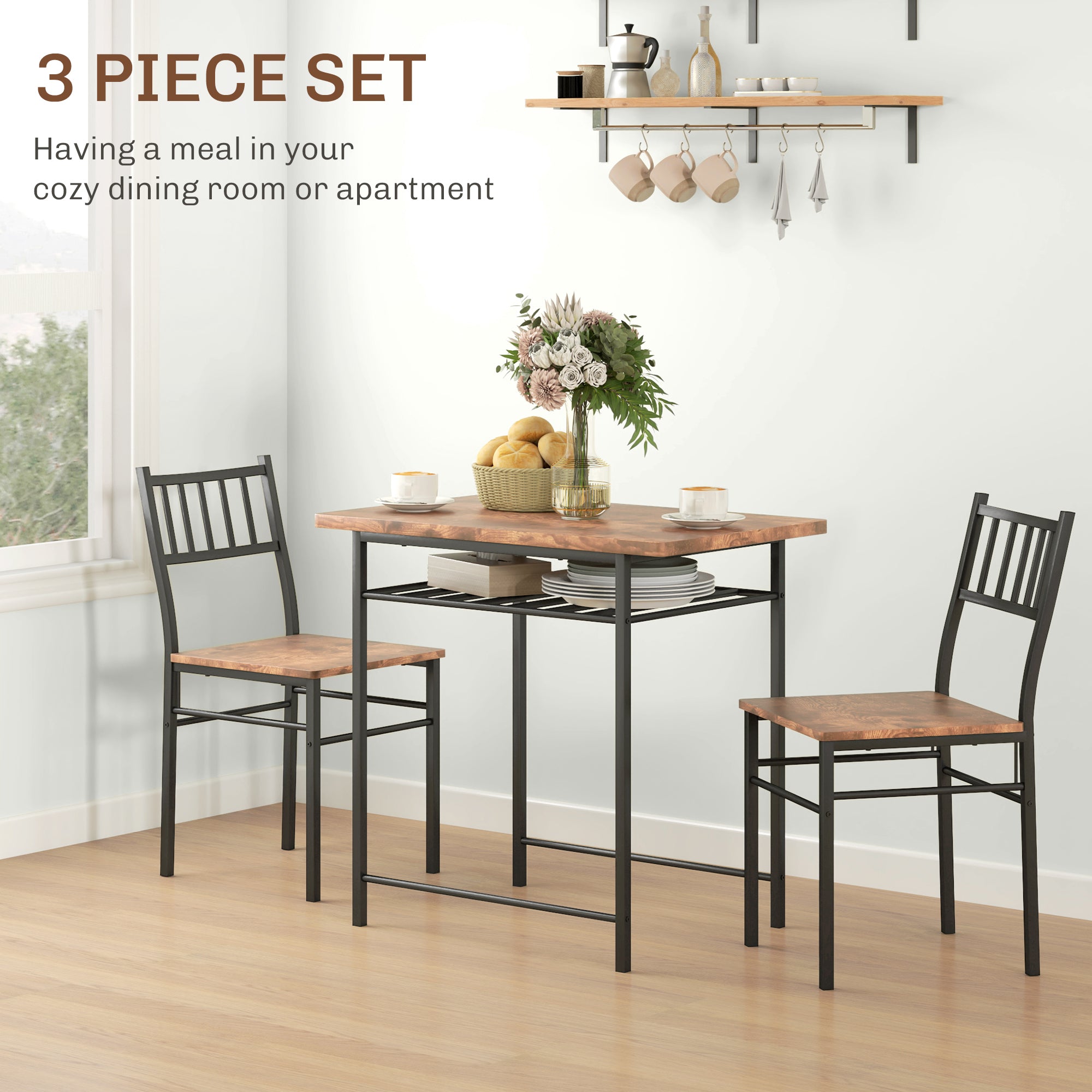 3-Piece Small Dining Table Set for 2, Kitchen Table and Chairs with Storage Rack and Steel Frame, Brown