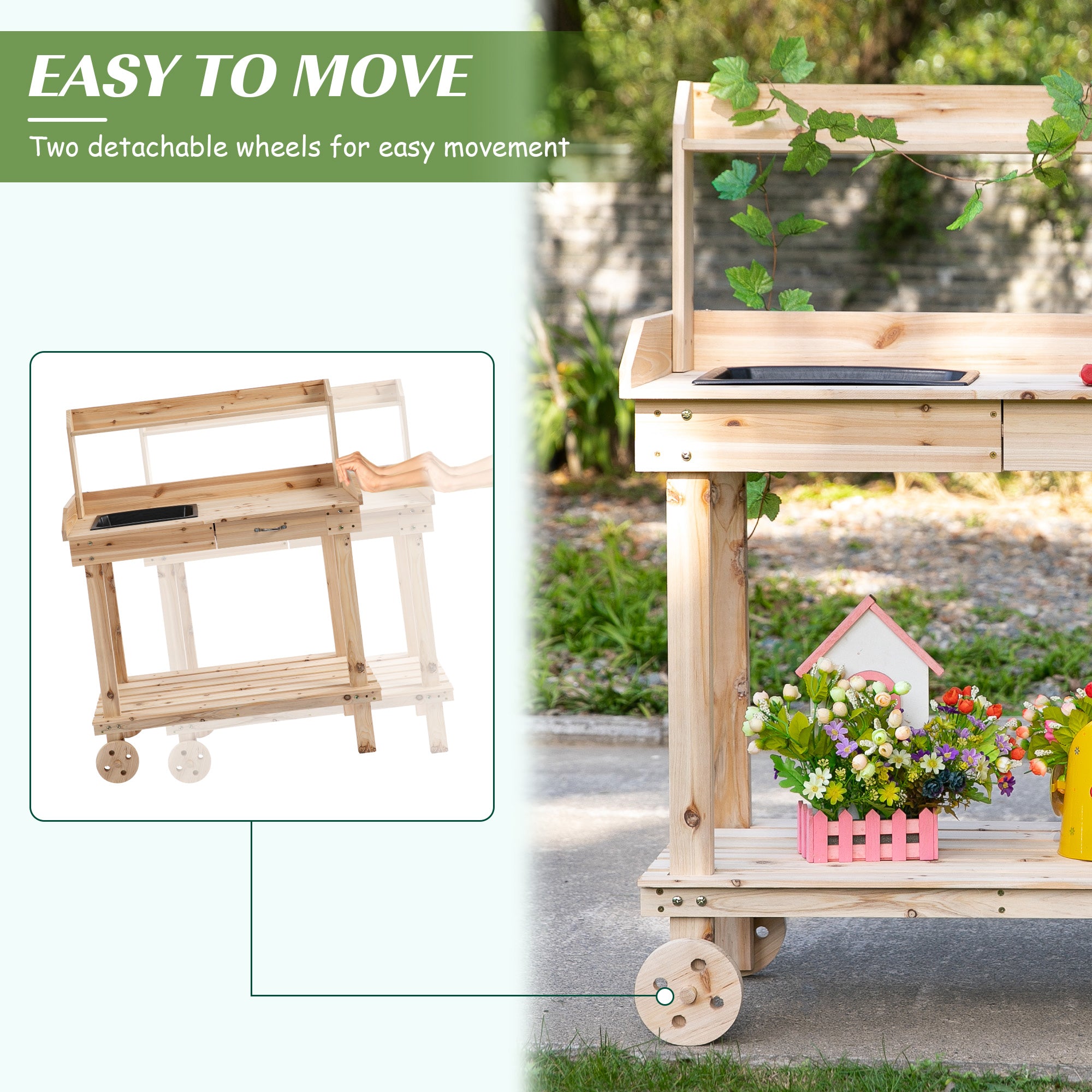 36" Wooden Potting Bench Work Table with 2 Removable Wheels, Garden Workstation with Removable Sink, Drawer & Large Storage Spaces, Natural - Natural Wood - Image 4
