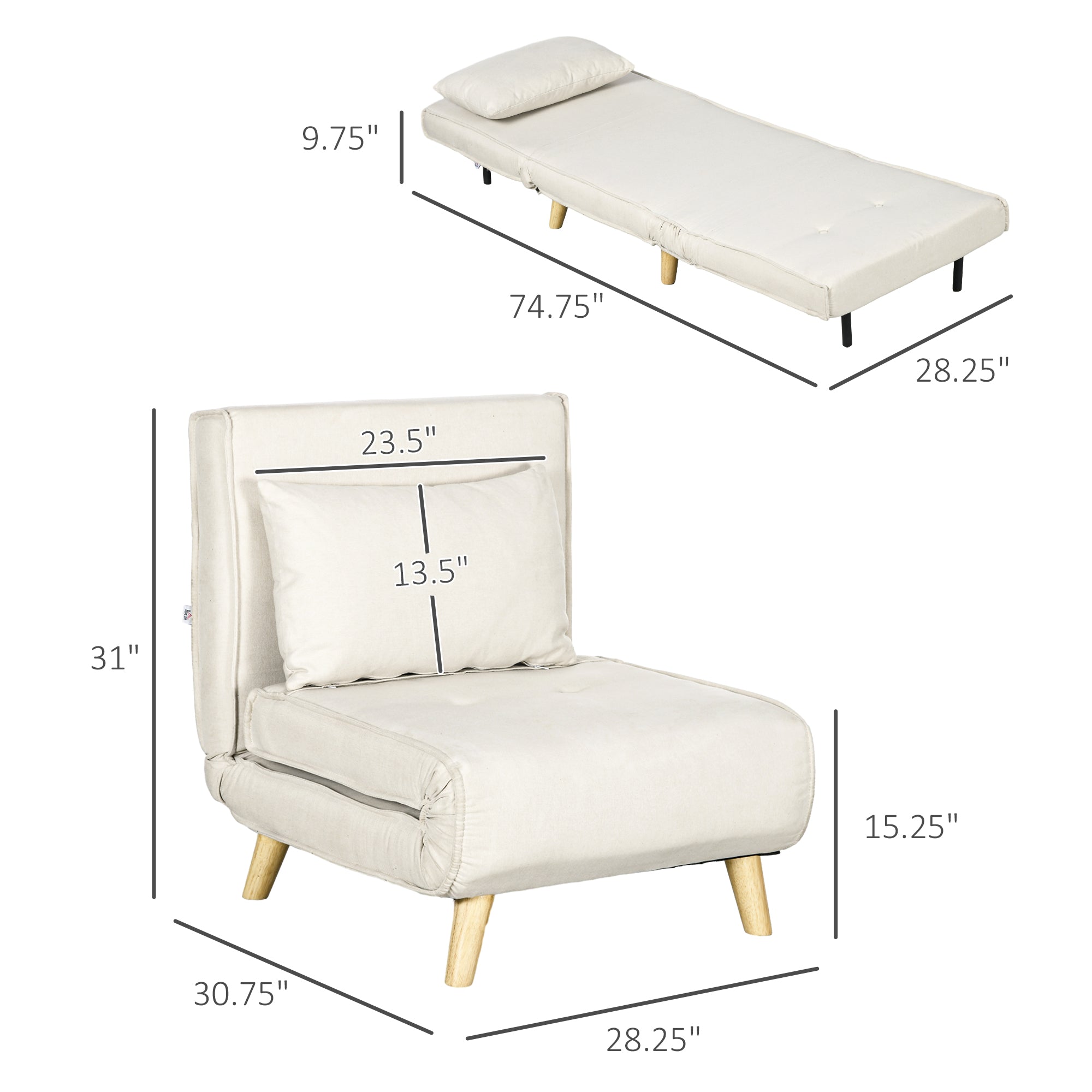 Chair Bed W/ Adjustable Backrest, 2-in-1 Multi-Functional Sofa Bed, Beige