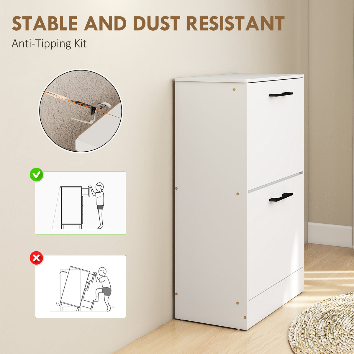 Shoe Cabinet 2 Flip Drawers Narrow Shoe Storage Unit Adjustable Dividers Entryway Hallway White