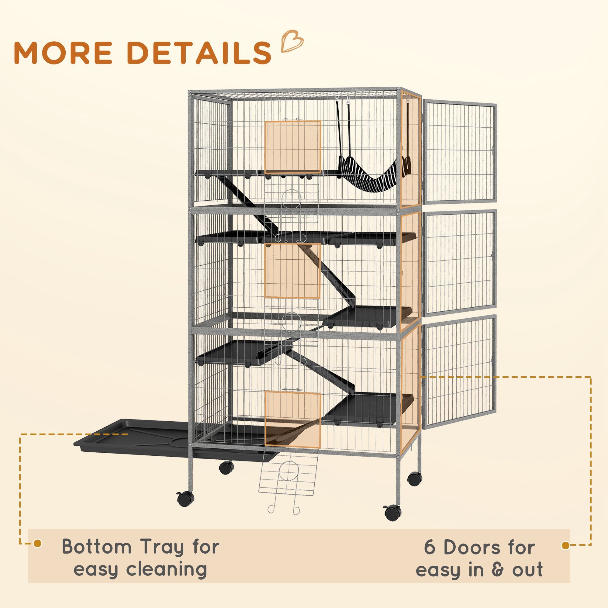 63" H Rolling Small Animal Cage with Hammock, Ferret Cage, Chinchilla Cage, Pet Habitat with 6 Doors, Removable Tray - Gray - Image 7