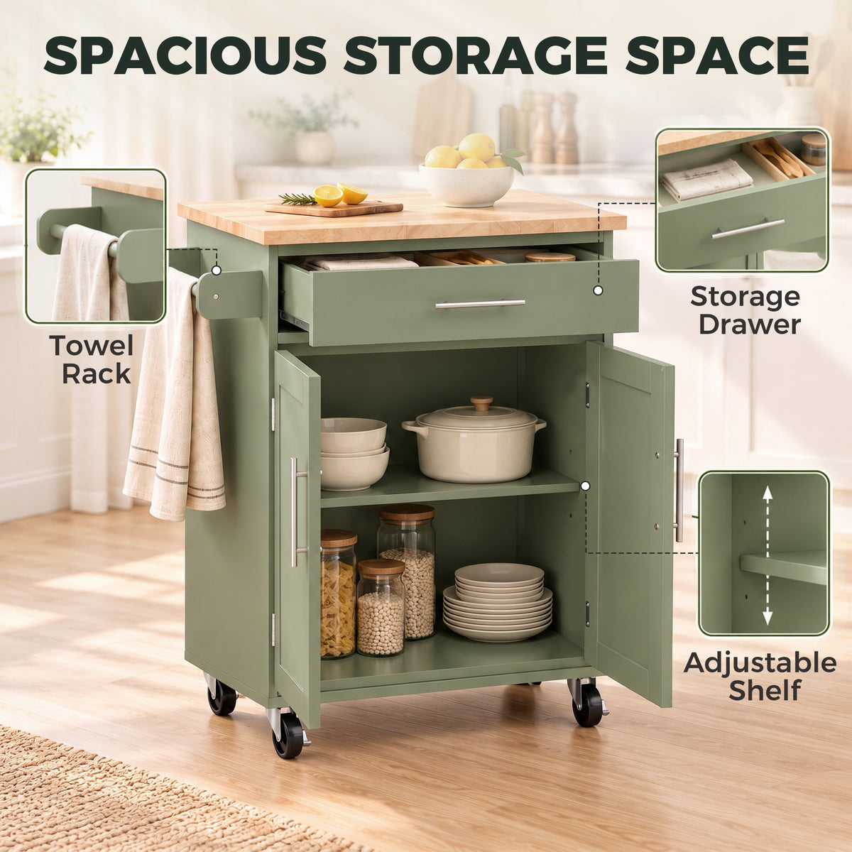 Kitchen Island Cart, Rolling Island Table with Solid Wood Top, Trolley Cart with Drawer, Storage Cabinet, Green