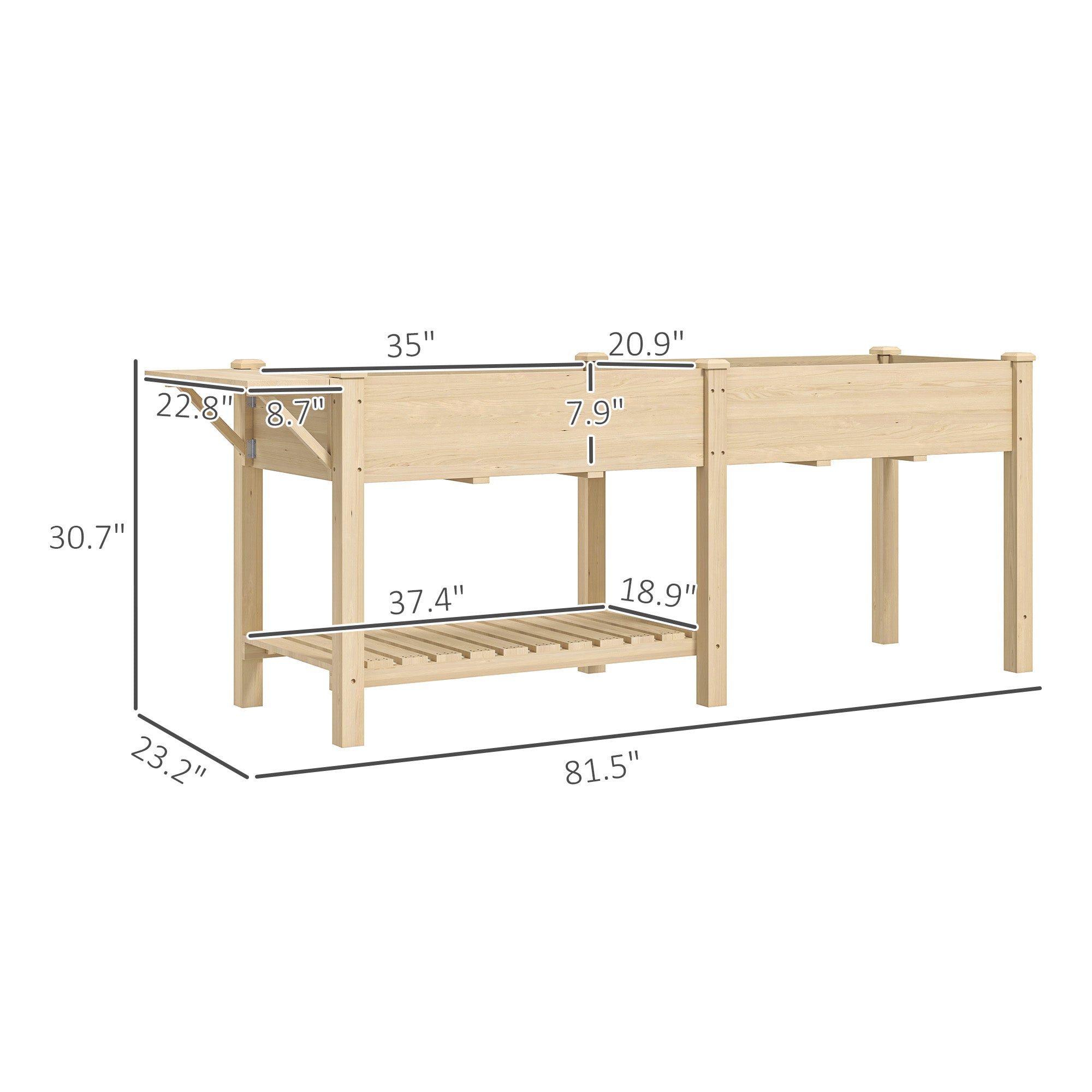 Wood Raised Garden Box, Elevated Garden Bed with Side Table, Bottom Shelf, Bed Liners and Drainage Holes, Natural - Natural Wood - Image 3