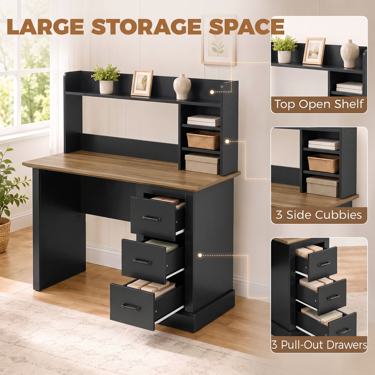 Computer Desk with 3 Drawers and Storage Shelves, 47" Home Office Study Writing Table, Walnut and Black