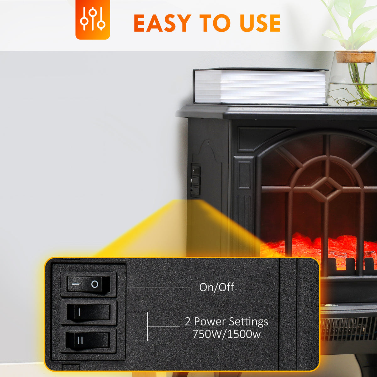 Electric Fireplace Heater, Freestanding Fireplace Stove with Realistic Flames Overheating Protection 750W/1500W, Black