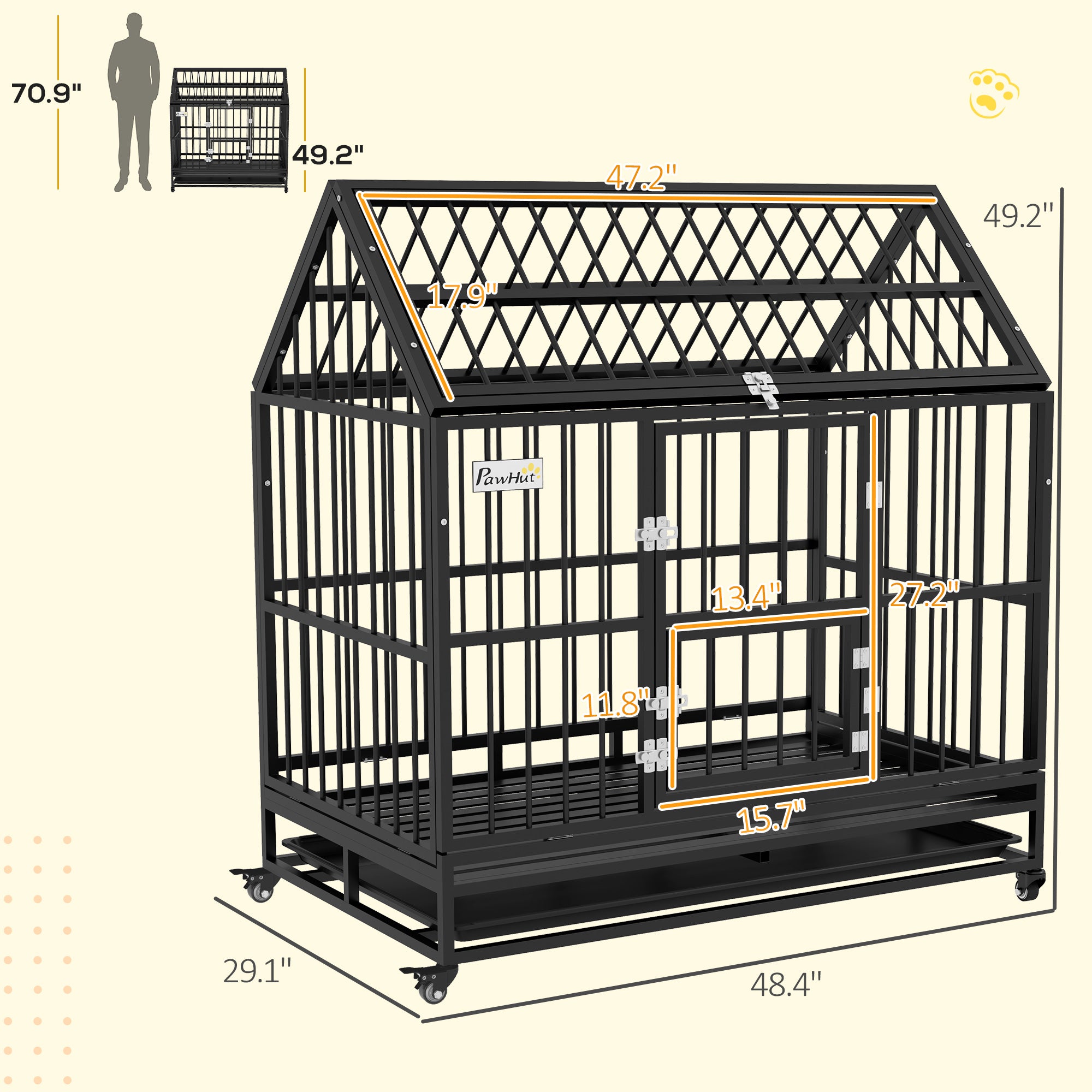 48" Heavy Duty Dog Crate with 4 Lockable Wheels, Double Doors, and Removable Tray, for XL and L Dogs - Black - Image 3