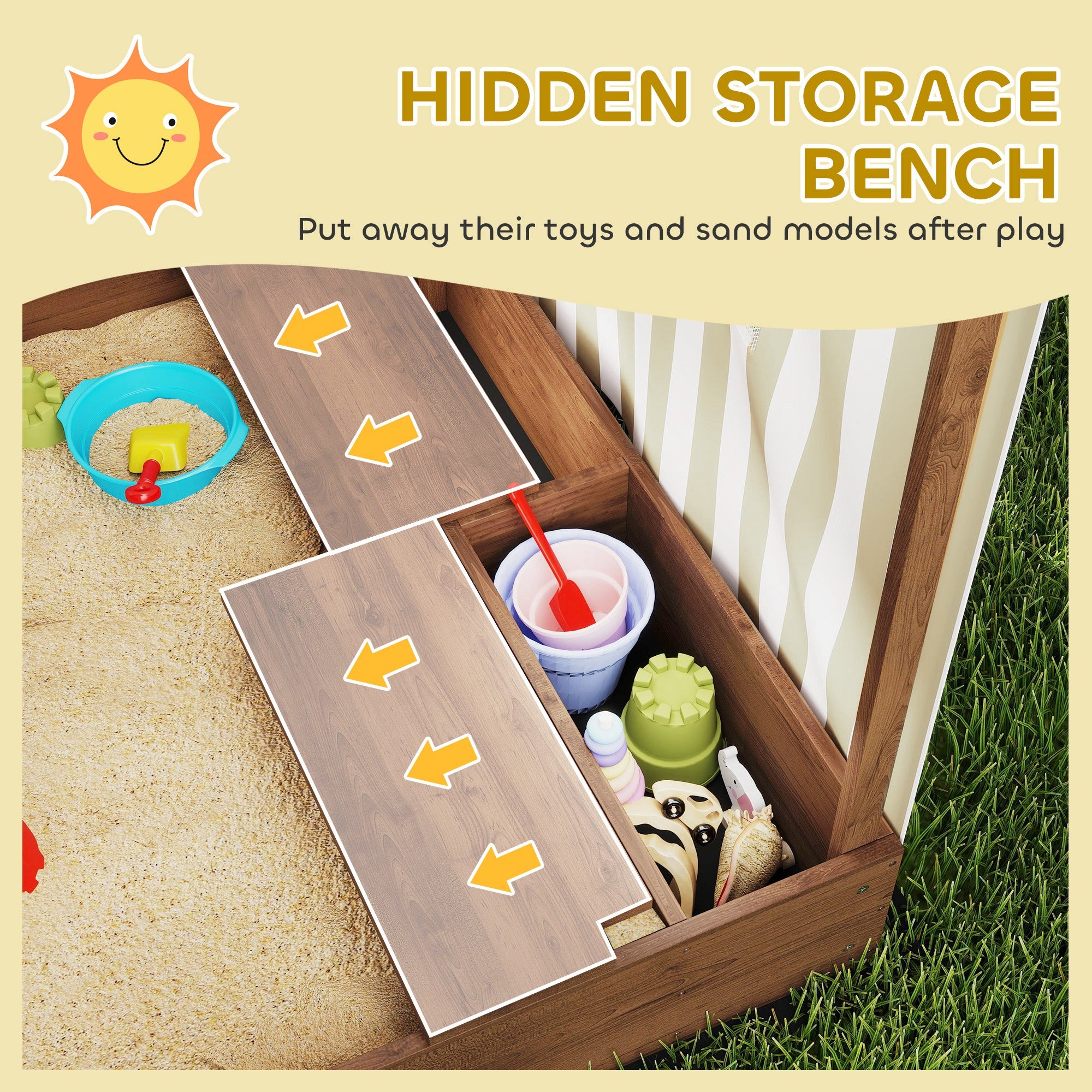 Kids Wooden Sandbox with Canopy Fully Covered, 2 Bench Seats, Bottom Liner, 56" x 40" x 52", Brown