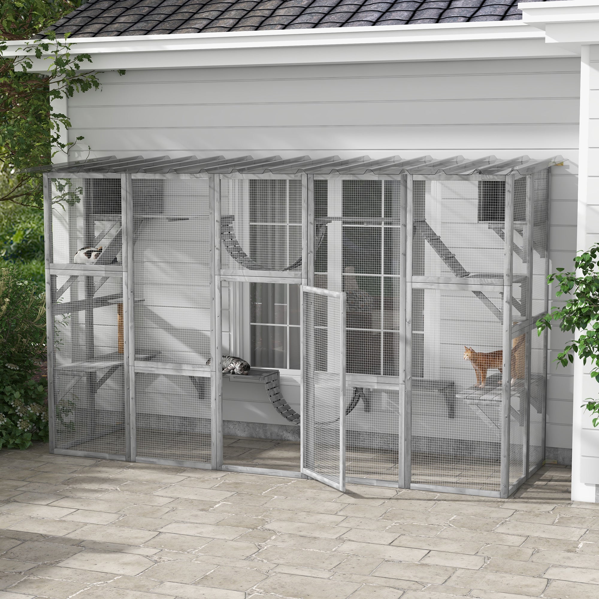 Catio Playground Cat Window Box Outside Enclosure for Multiple Cats w/ Shelves & Bridges, Gray - Gray - Image 2