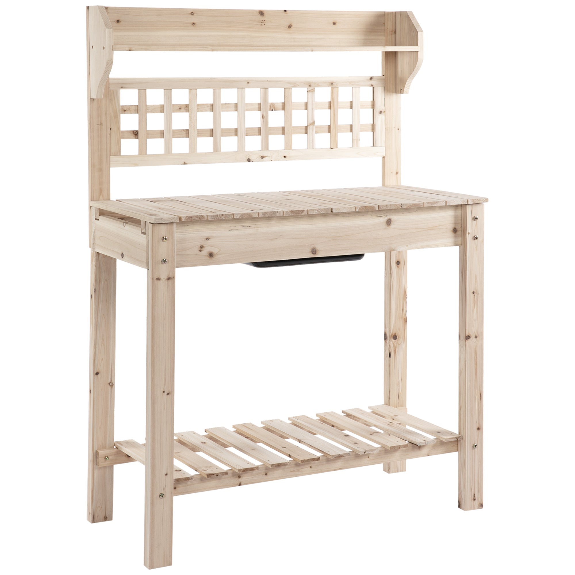 Outdoor Potting Bench Table, Wooden Workstation with Sliding Tabletop, Storage Shelf and Dry Sink, for Greenhouse, Garden, Patio, Natural - Natural Wood - Image 7