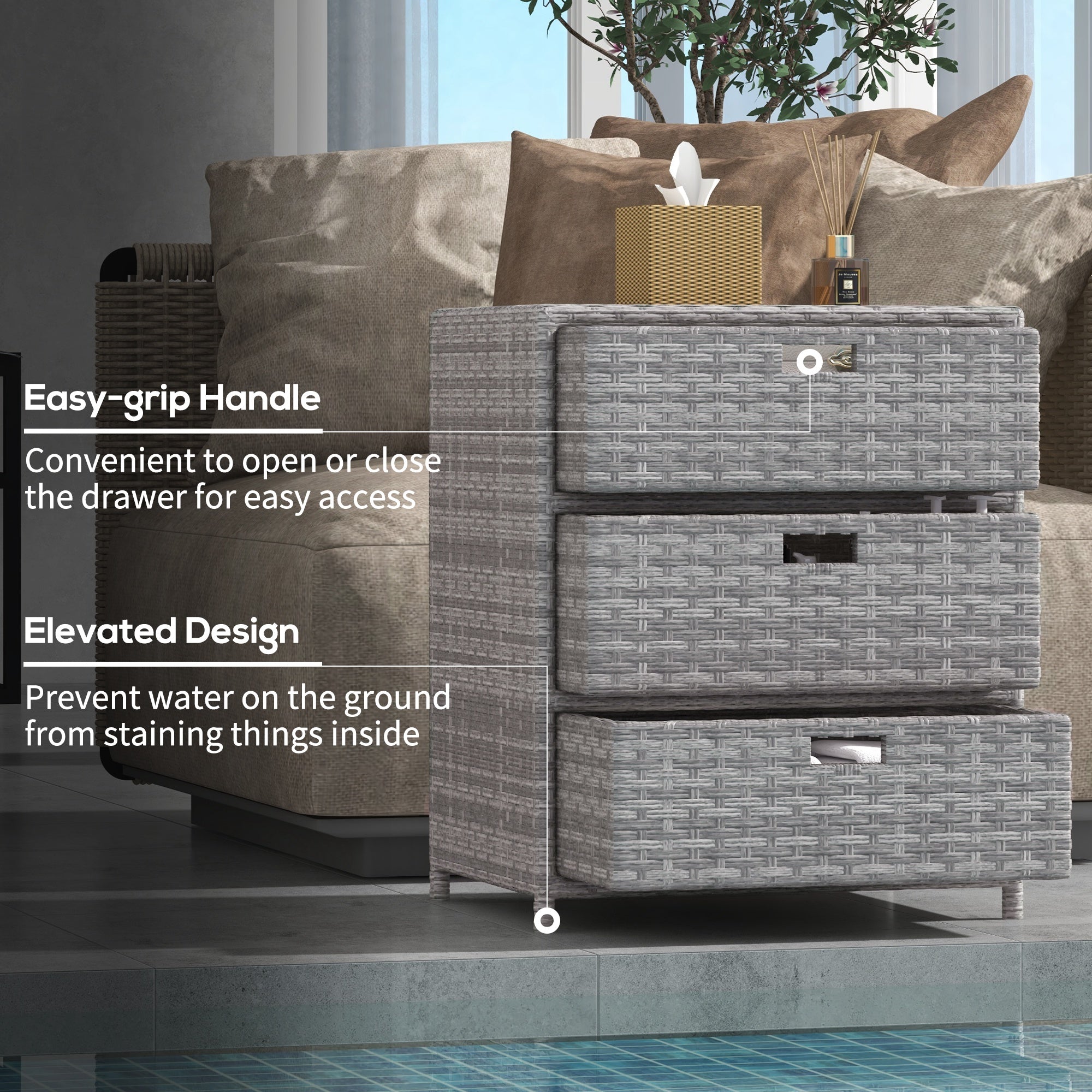 Patio PE Rattan Storage Cabinet, Wicker Pool Cabinet Organizer, Outdoor Towel Rack for Pool with 3 Drawers, Gray - Gray - Image 5