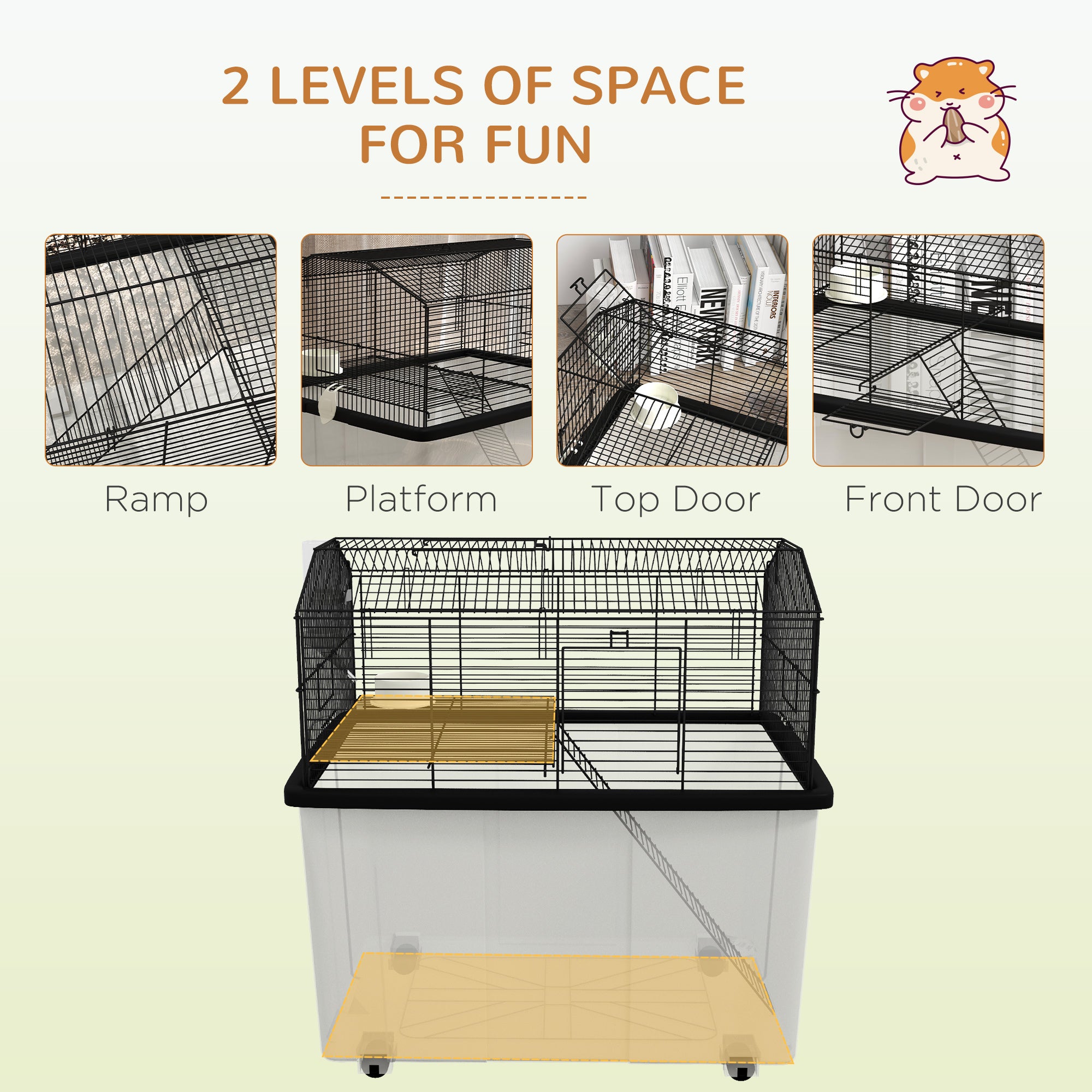 22" 2-Tier Hamster Cage with Extra-Deep 14" Base, Small Animal Cage with Ramp, Water Bottle, Food Dish, Wheels, Black - Black - Image 4