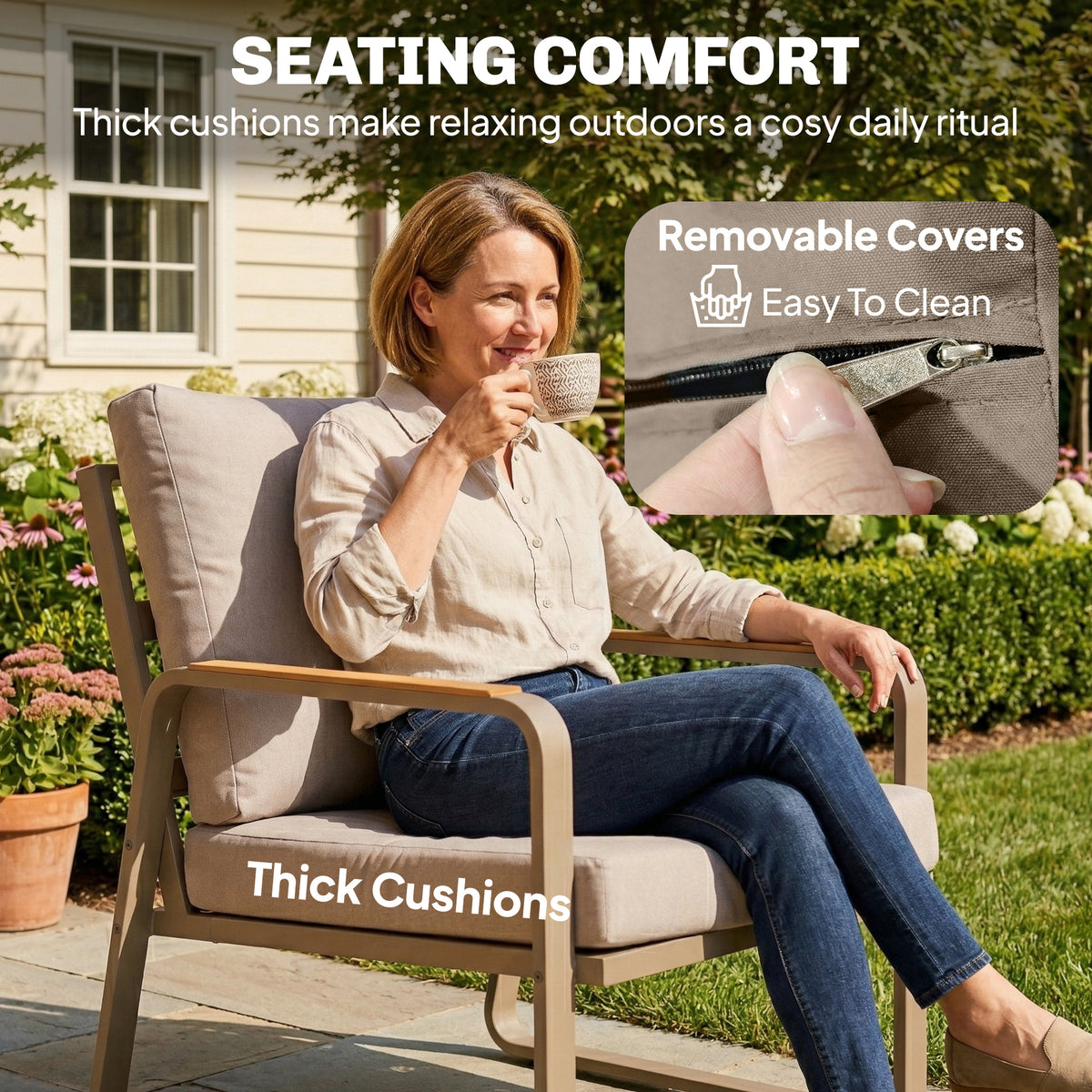 4 Piece Patio Furniture Set, Outdoor Sofa Set with Loveseat, 2 Armchairs, Coffee Table and Cushions