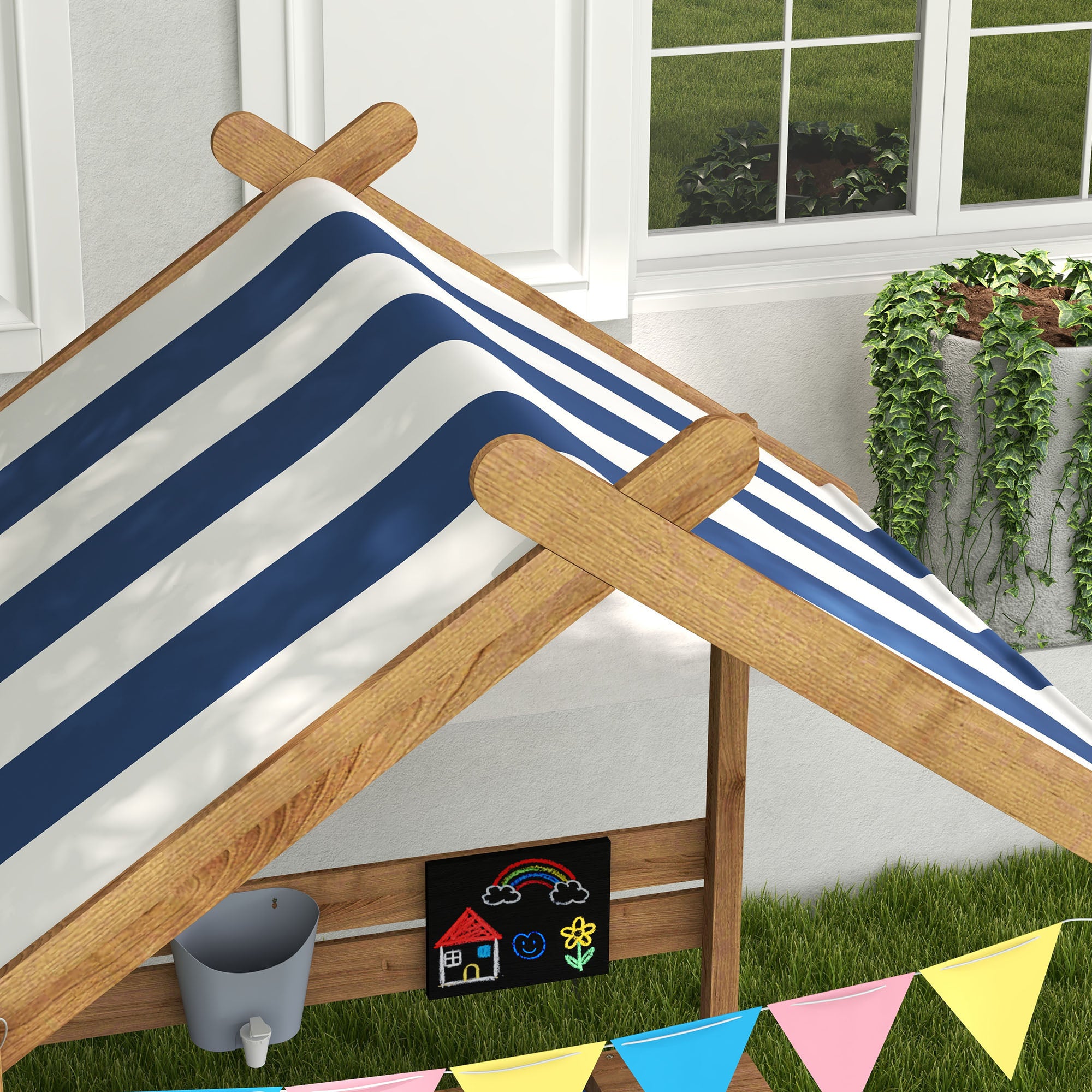 Wooden Sandbox with Canopy, House Design for 3-7 Years Old, Brown