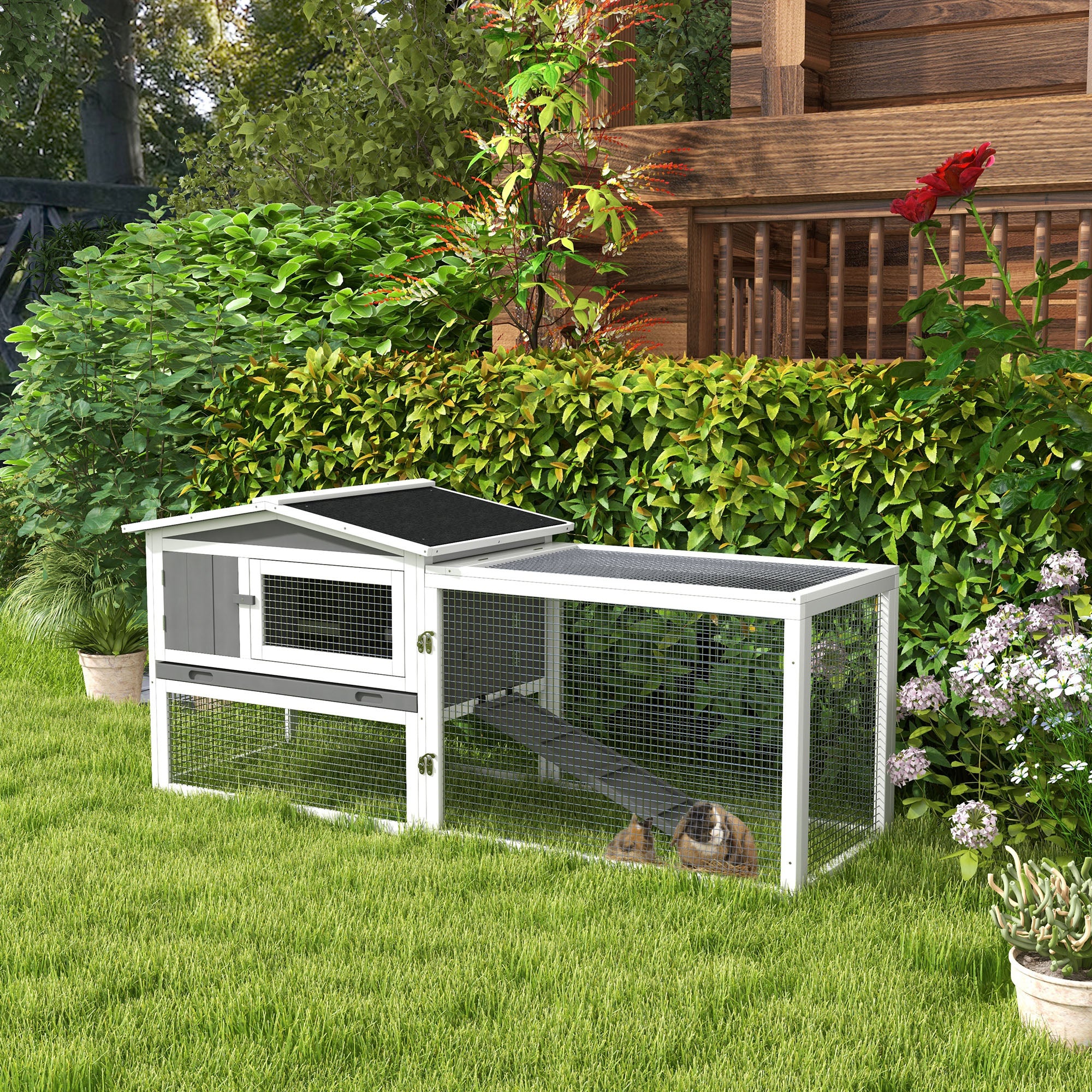 Rabbit Hutch 2-Story Bunny Cage, Guinea Pig Cage Indoor Outdoor, Small Animal House with Slide Out Tray, for Rabbits, Chickens, Ducks, 61.5" x 23" x 27", Light Gray - Light Grey - Image 2