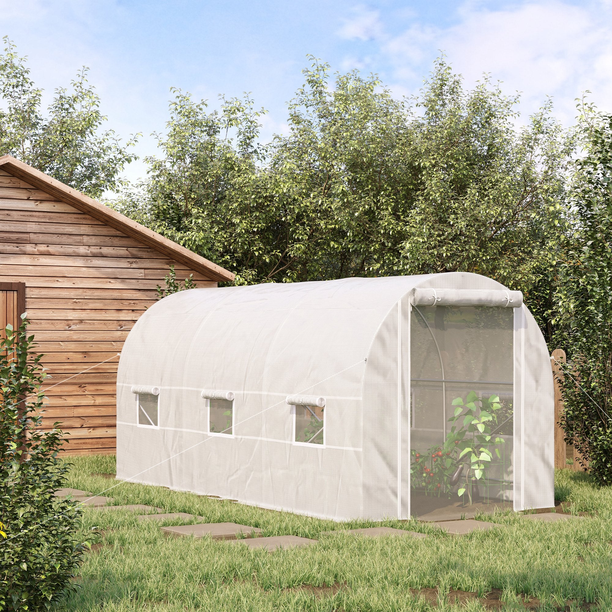 14.6' x 6.6' x 6.6' Walk-In Tunnel Greenhouse, Large Garden Hot House Kit with 6 Roll-up Windows & Roll Up Door, Steel Frame, White - White - Image 2