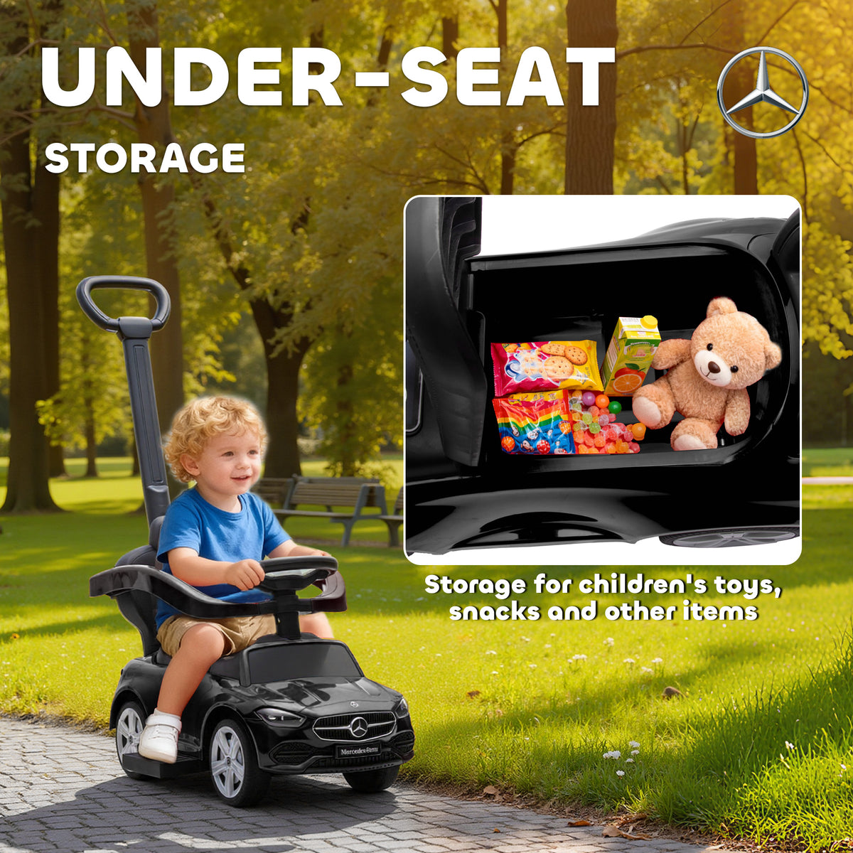 Qaba Mercedes-Benz C-Class Licensed Ride-On Push Car, Baby Stroller Walking Car with Parent Control Handle, Horn, Black