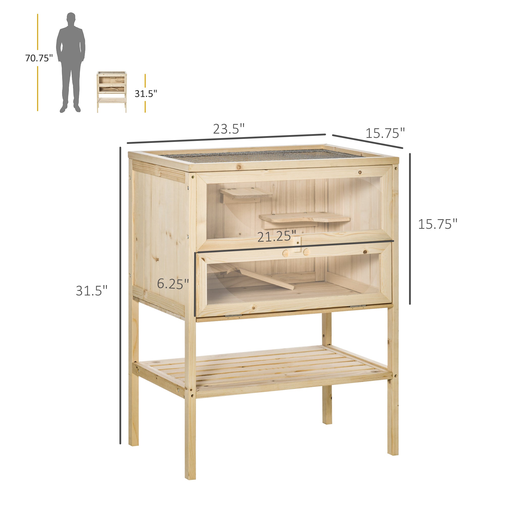 3-Tier Wooden Hamster Cage Mice and Rat Cage Small Animals Hutch with Openable Top, Front Door, Shelf, Natural Wood - Natural Wood - Image 3