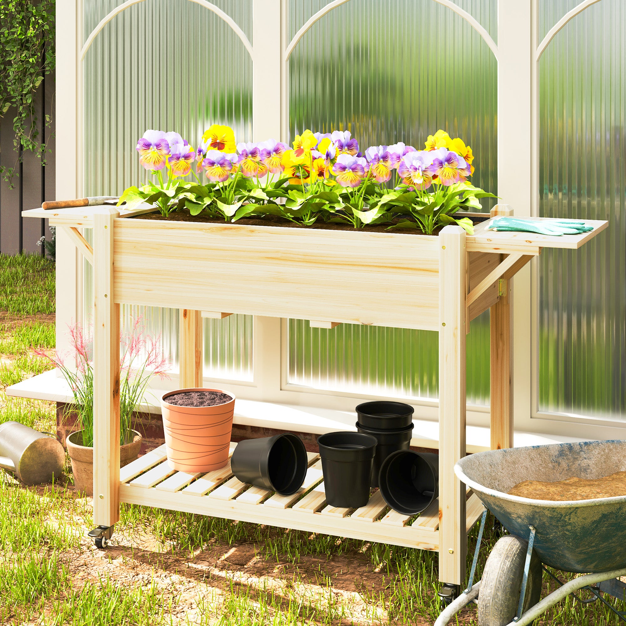 Wood Raised Planter Box, Elevated Garden Bed with Lockable Wheels, Side Tables, Bottom Shelf, Drain Holes, Natural - Natural Wood - Image 2