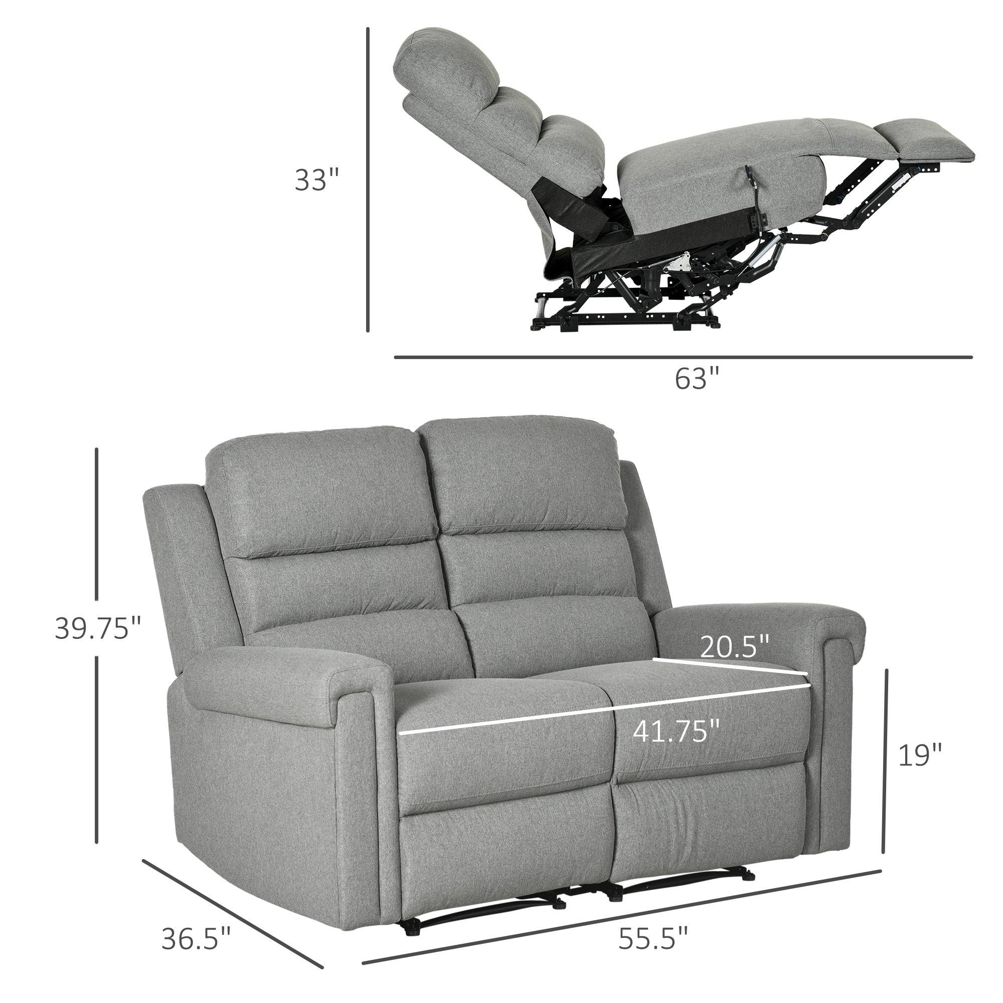 Fabric Reclining Sofa, 2 Seater Recliner Sofa with Manual Pull Tab, RV Couch, Home Seating, Gray
