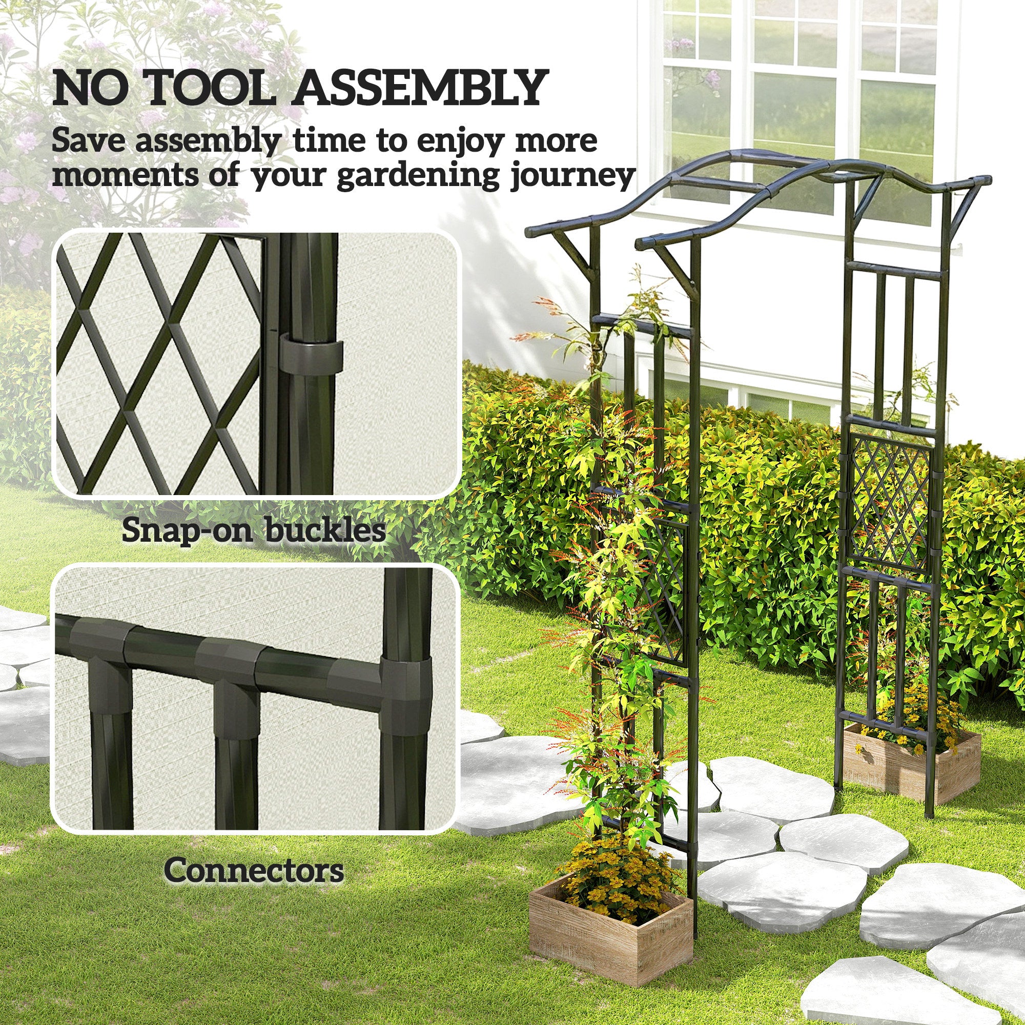 Garden Arch, PE-Coated Steel Garden Arch Trellis with Extended Top, Black - Black - Image 6
