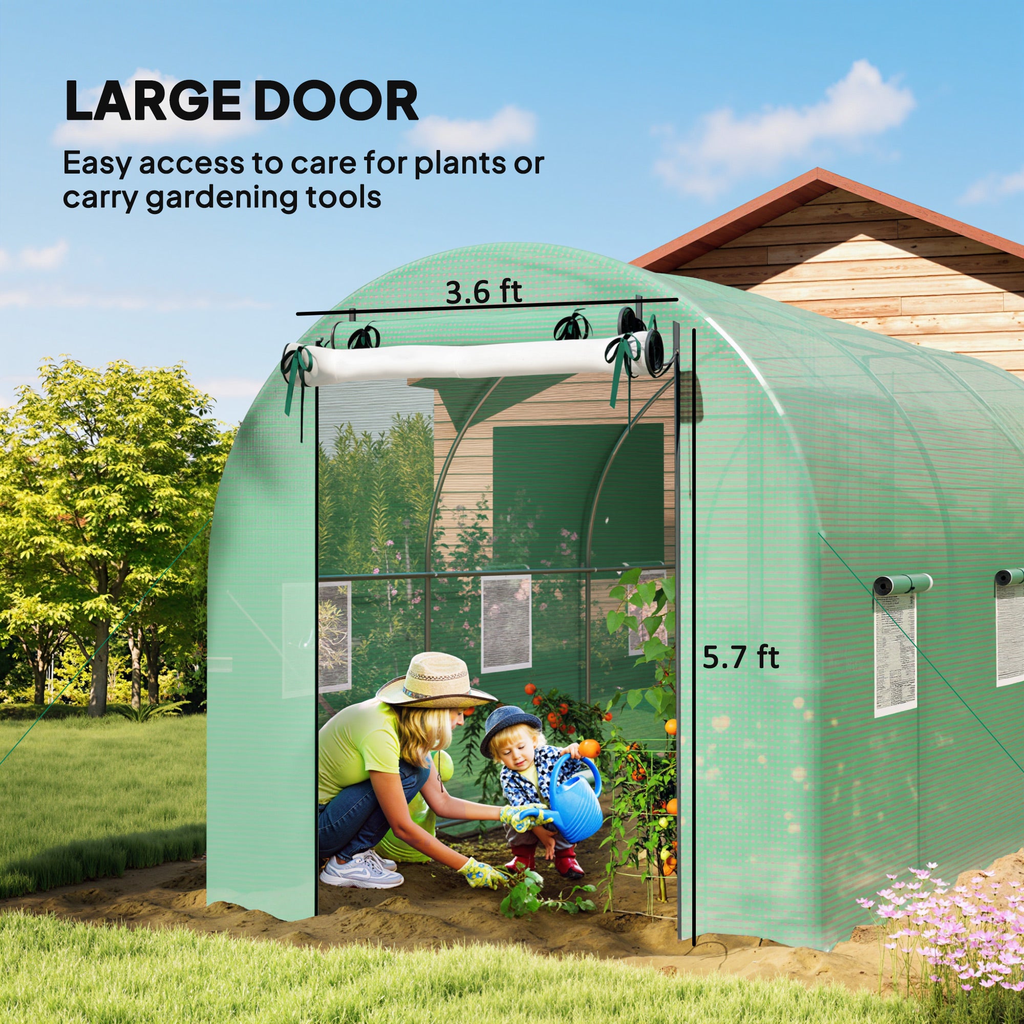 Hoop House Greenhouse, Walk-in Tunnel Greenhouse with 2 Support Rods, Zippered Roll-up Mesh Door, 14.6'x6.5'x6.6', Green - Green - Image 7