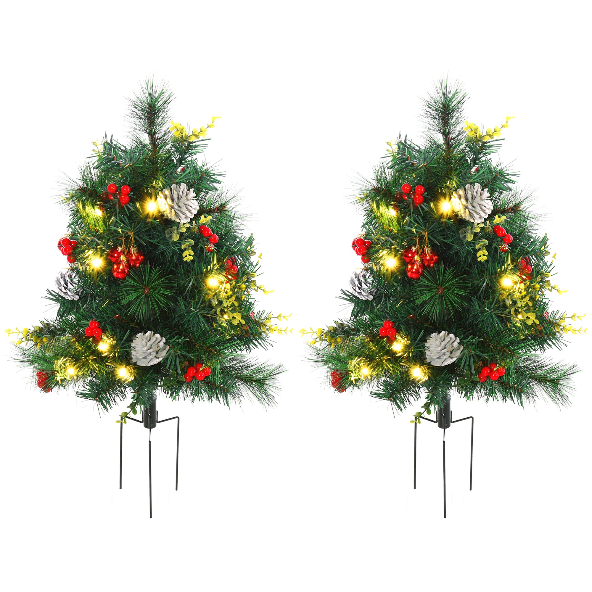 24in Christmas Tree 2-Pack Outdoor Pre-Lit Artificial Pine Cordless with 24 Warm White Lights and Stakes