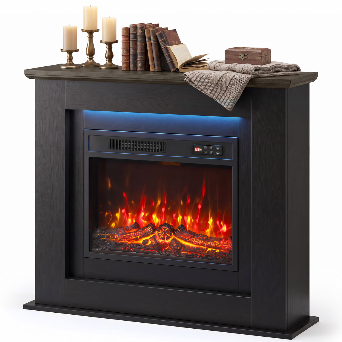40" Electric Fireplace with Mantel, LED Strip, Fireplace TV Stand for 55" TVs, Adjustable Flame, Black