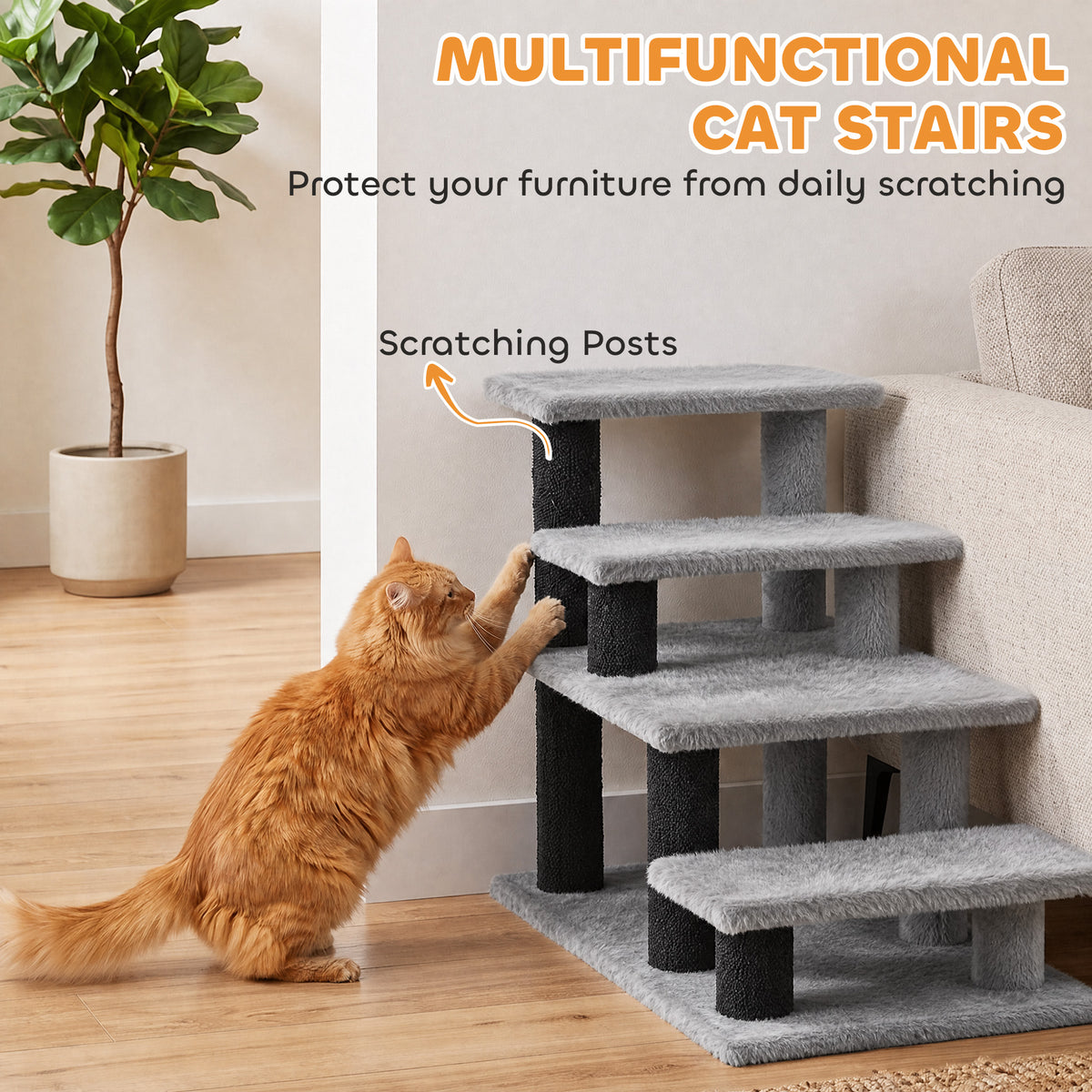 Pet Stairs, Cat Stairs with 2/3/4-Step Flexible Setup for Bed, Sofa, Gray