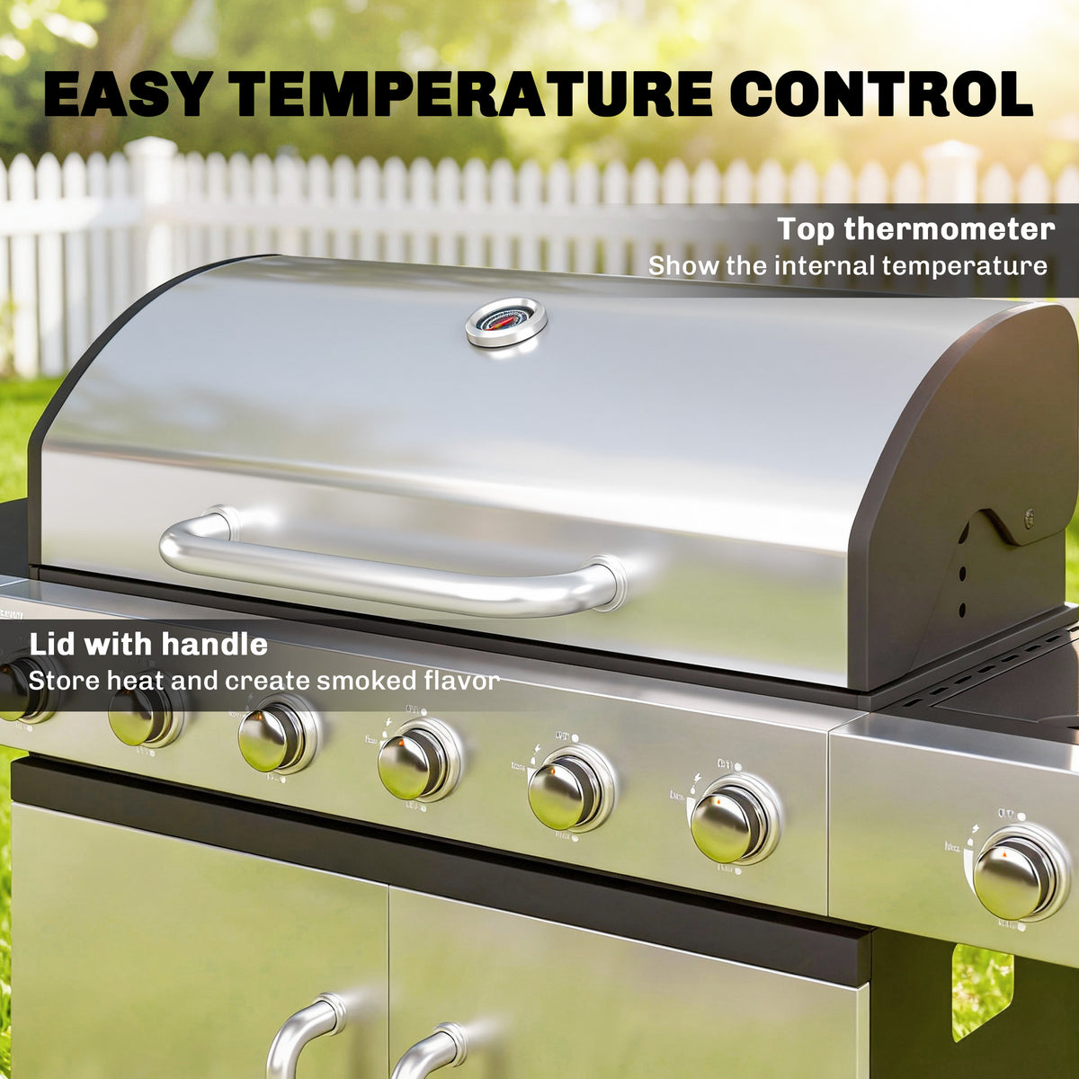 6 Burner Propane Gas Grill with Side Burner, Barbecue Grill with Cast Iron Grates, Wheels, Side Tables, Cabinet