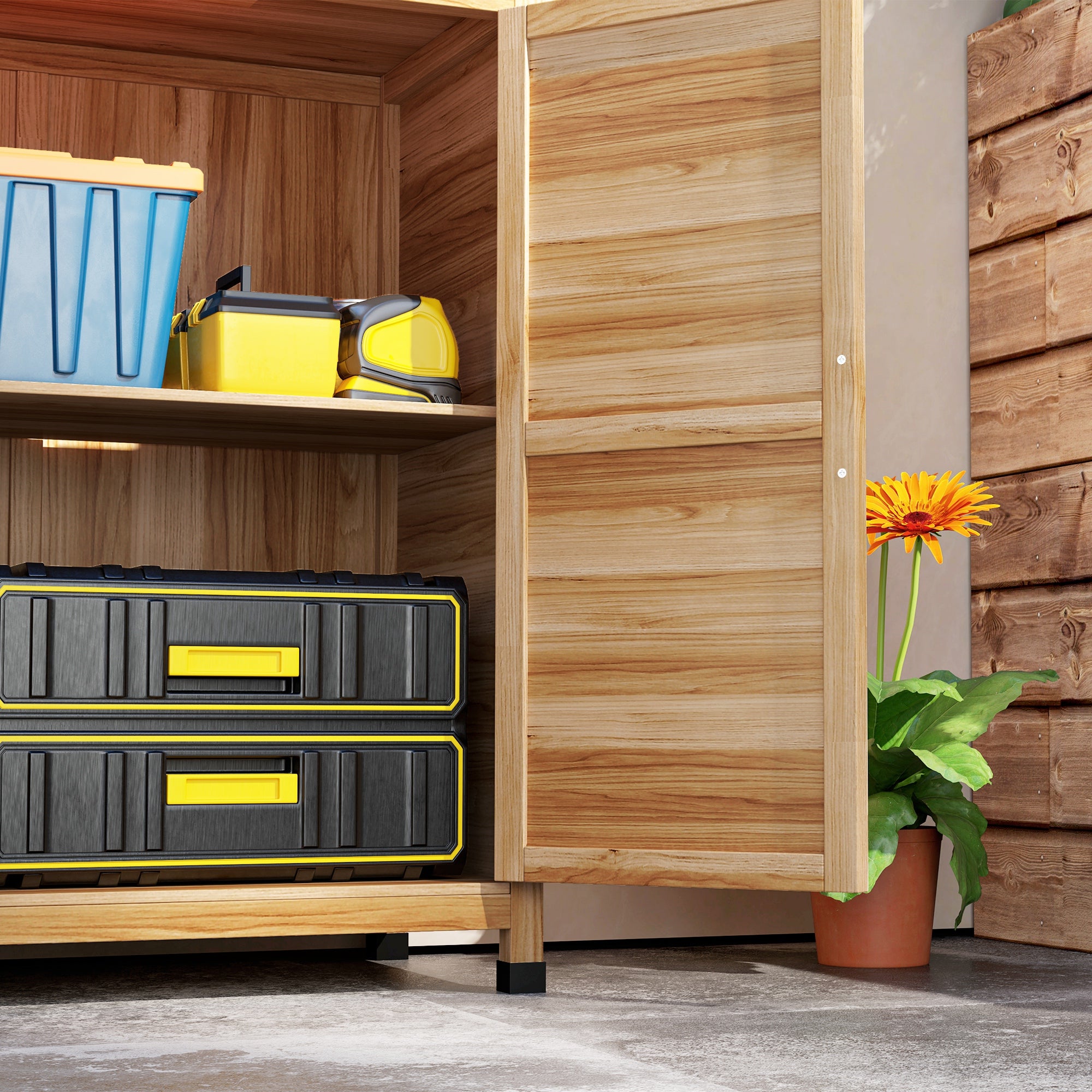 Wooden Storage Cabinet, Outdoor Prep Table w/ Metal Tabletop, Shelves and Double Doors for Patio, Garden, Natural Wood - Natural Wood - Image 8