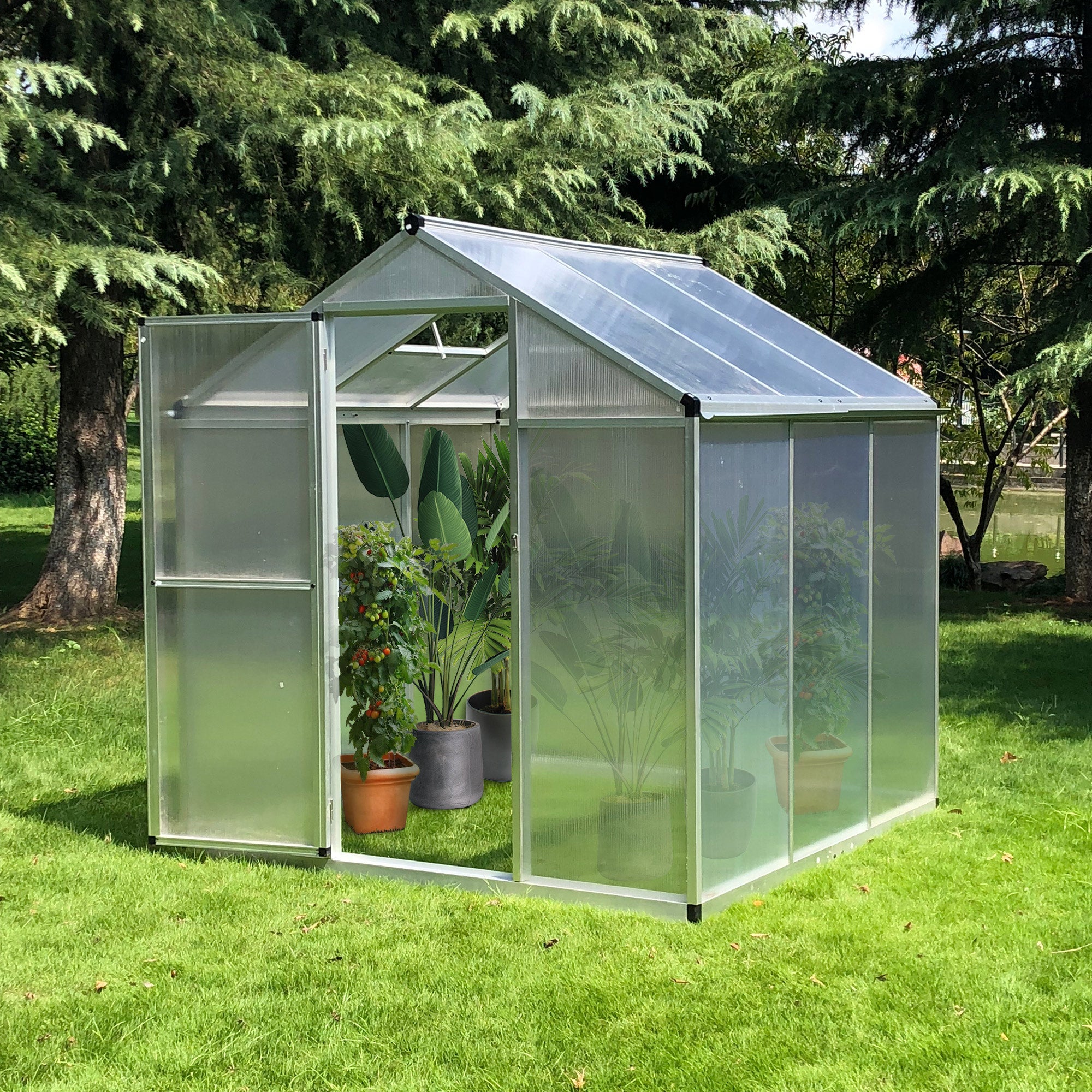 6' L x 6' W Walk-In Polycarbonate Greenhouse with Roof Vent for Ventilation & Rain Gutter for Winter - Silver - Image 2