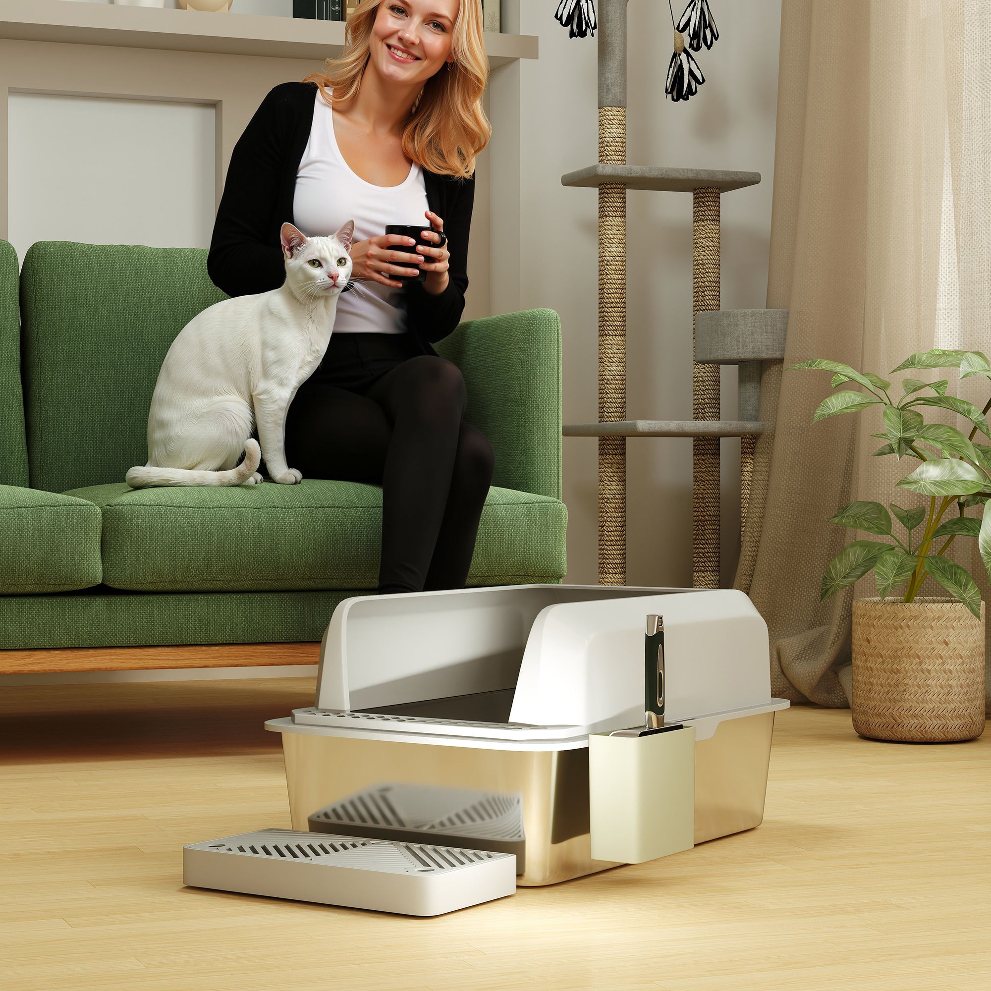 Stainless Steel Litter Box with Metal Scoop & Scoop Holder, High Sided, Anti-Urine Leakage, Non-Sticky - Light Gray - Image 8