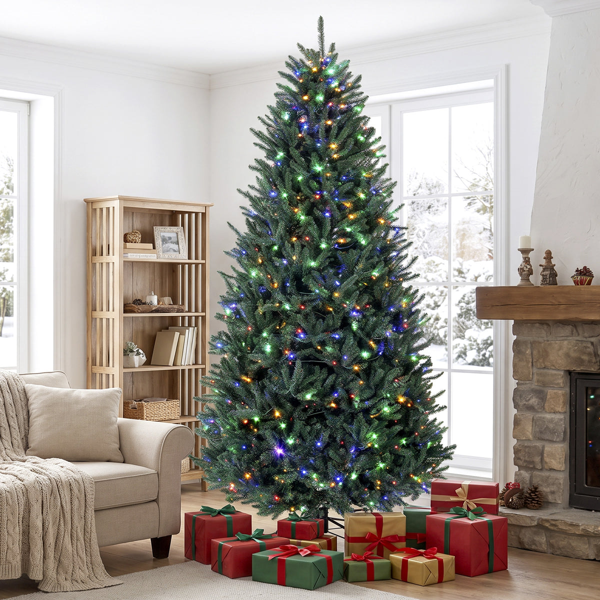 9ft Prelit Christmas Tree, Colorado Blue Spruce, Easy Plug, Hinged Xmas Tree with Warm White & Multi-Color LED Lights
