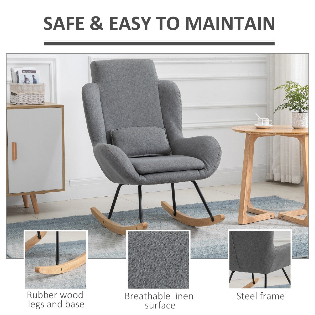 Modern Rocking Chair with Removable Lumbar Pillow Fabric Sofa Armchair with Thick Padding, Metal Frame, Wood Base for Living Room, Light Gray
