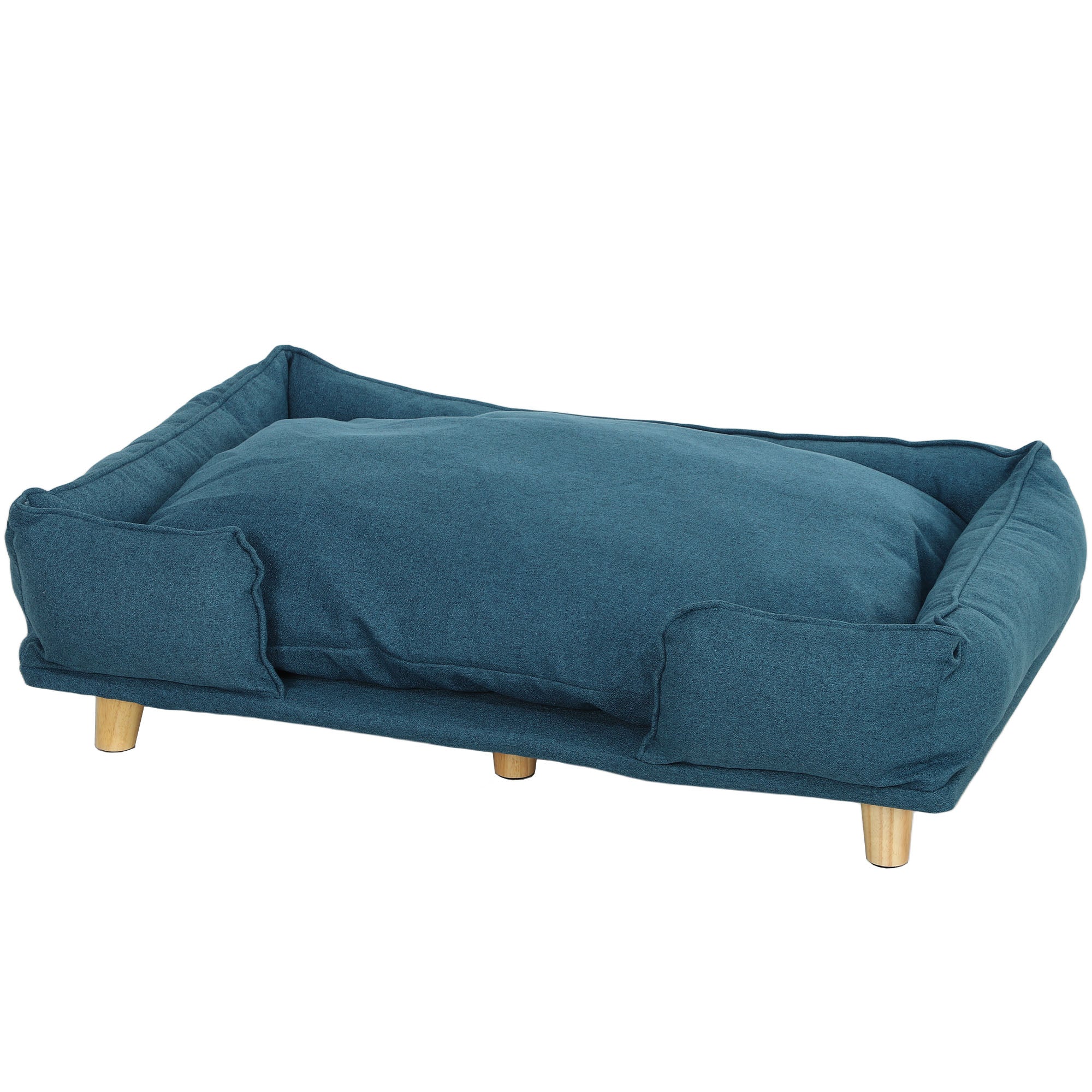 Raised Dog Couch with Comfortable Cushion, Pine Wood Legs, Foot Pads for Large-Sized Dogs Indoor Use, Dark Blue - Blue