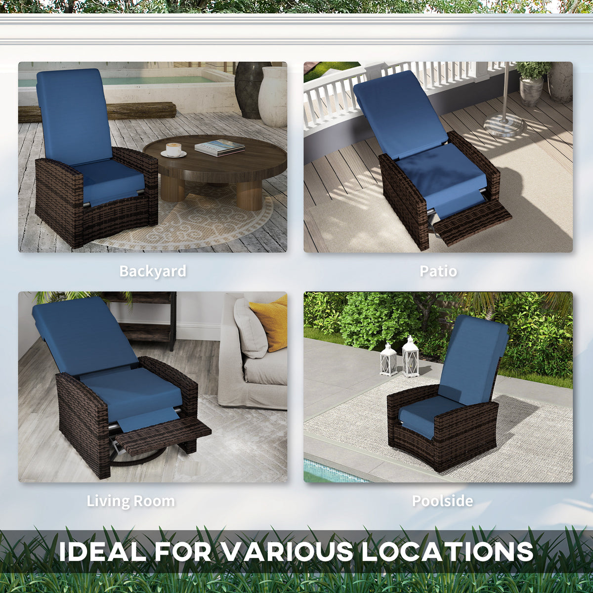 Outdoor Wicker Swivel Recliner Chair, Lifting Footrest, 360° Rotating Basic, Water-resistant Cushions, Dark Blue