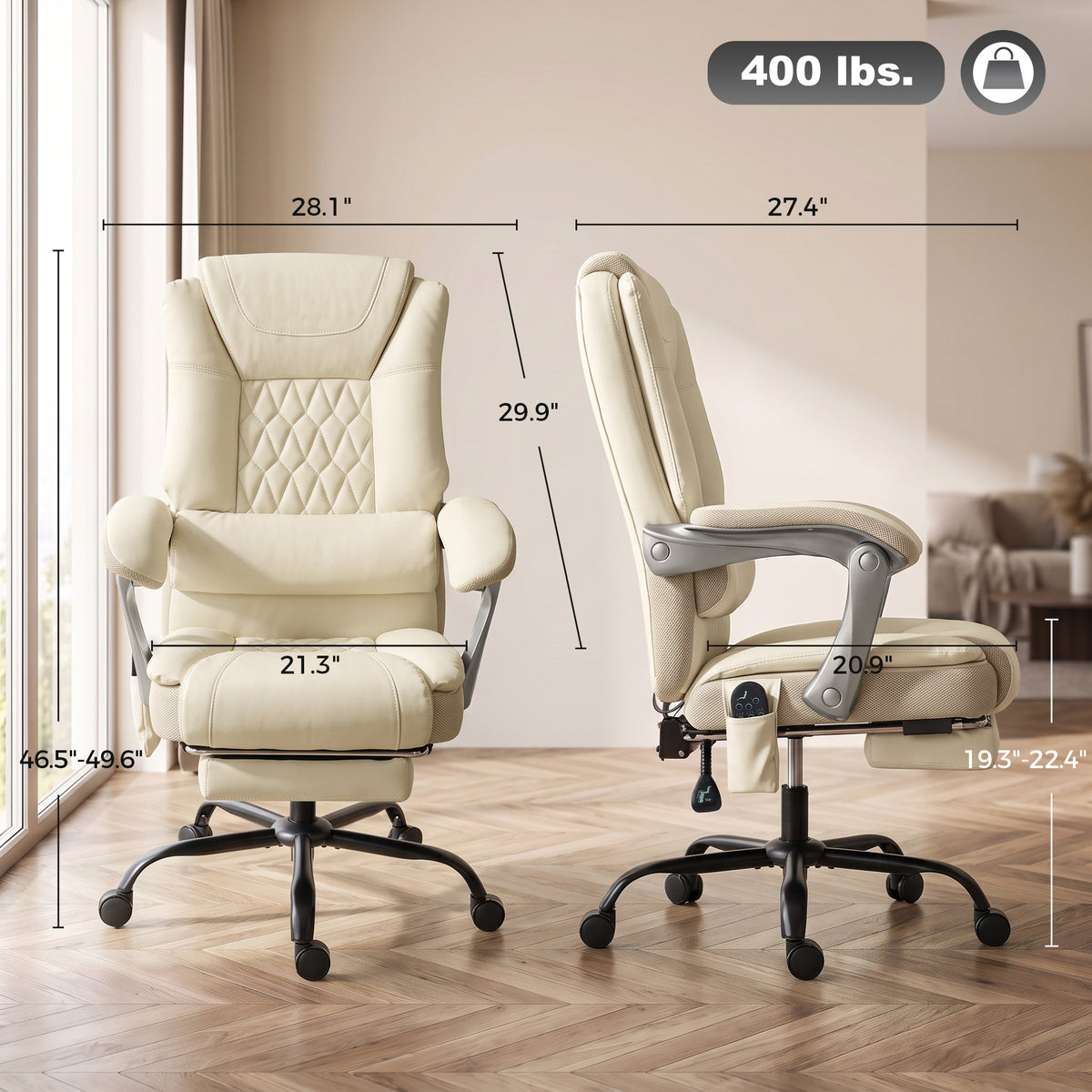 400lbs Massage Office Chair with Heat, Big and Tall Desk Chair, Lumbar Support, Reclining, Footrest, Beige