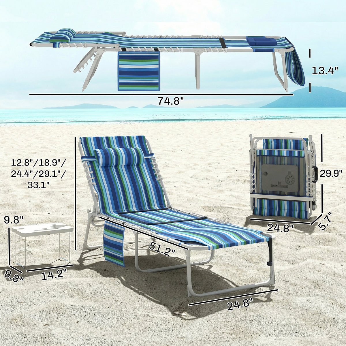Tanning Chair Set of 2 with Face Hole and Side Table, 5-Position Folding Outdoor Chaise Lounge Chair, Blue Stripe
