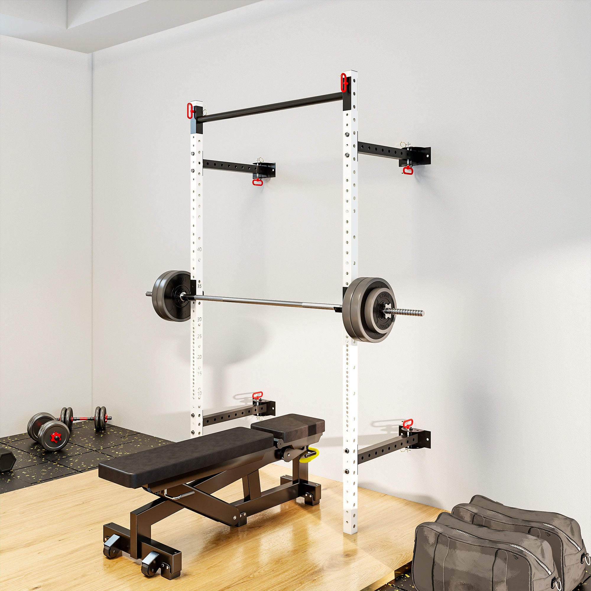 Folding Squat Rack with Pull Up Bar, Wall Mounted and Adjustable, 1000 Pounds Capacity Power Rack, White