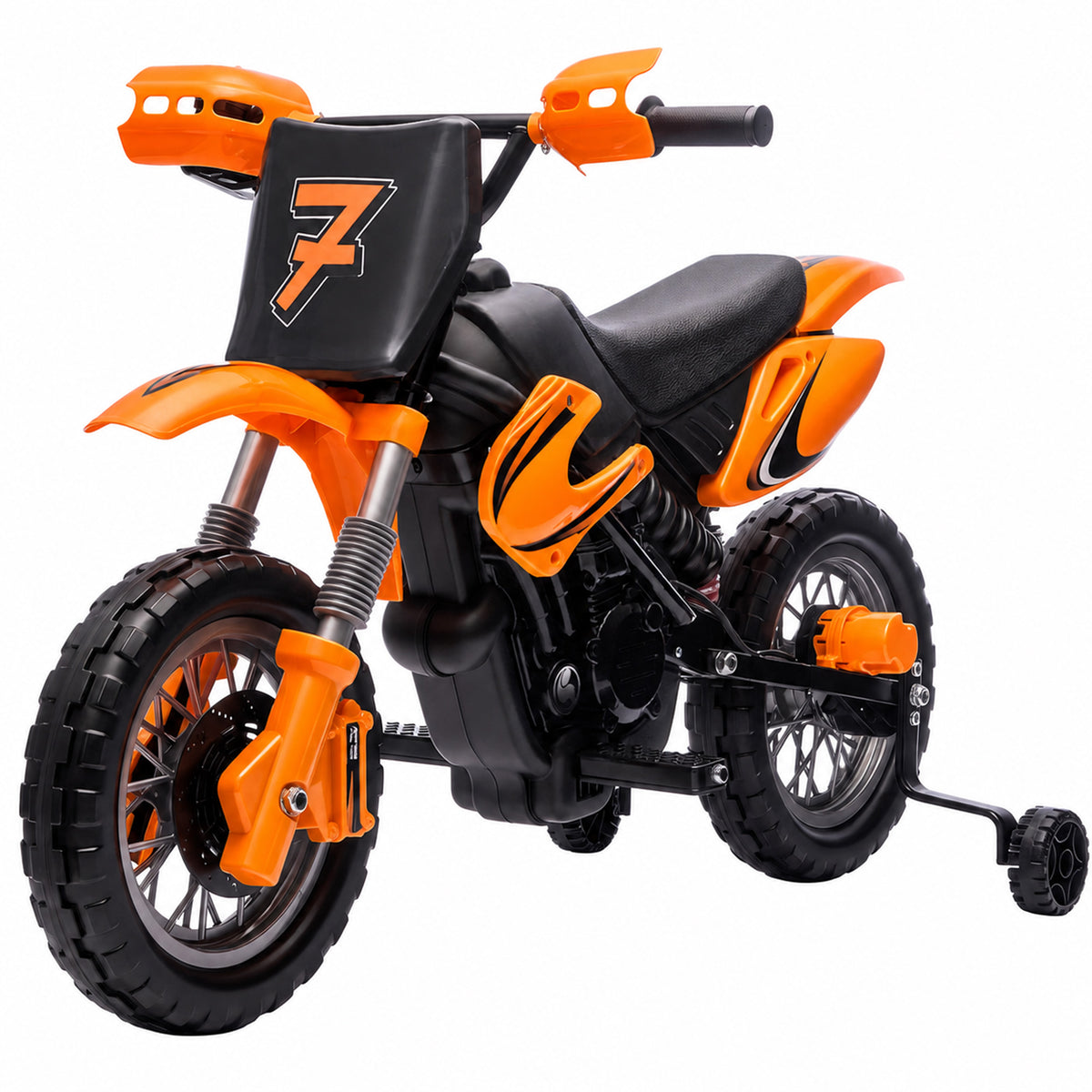 12V Kids Motorcycle, 2 x 35W Electric Dirt Bike with Training Wheels, Rear Suspension, Horn for 3-6 Years, Orange