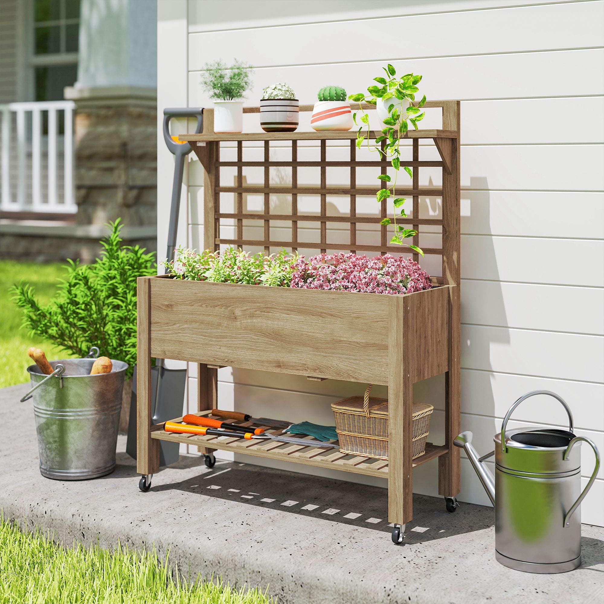 41" Raised Garden Bed Mobile Elevated Wooden Planter Box Stand with Wheels, Trellis and Storage Shelf, Dark Brown - Coffee - Image 7