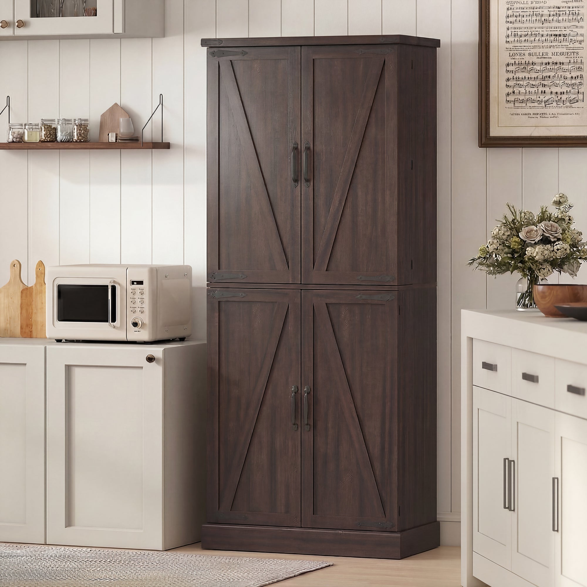 72" Tall Kitchen Pantry Cabinet, Farmhouse Storage Cabinet with 8 Door Racks and Adjustable Shelves, Distressed Brown